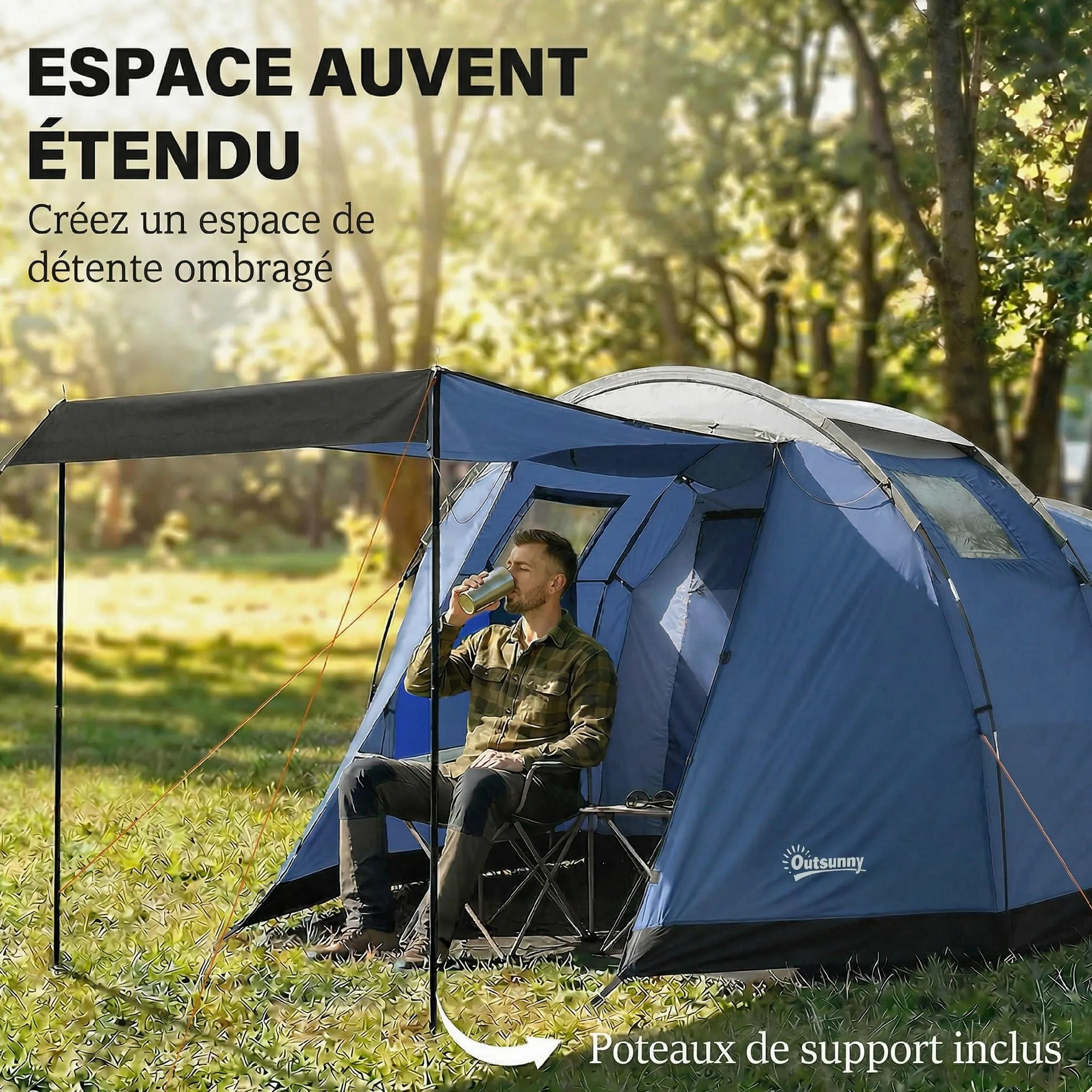 Outsunny - Tienda de campaña (túnel de 4 personas, 3000 mm, 190 cm), color azul oscuro | Amplio salón, doble capa, cobertizo de jardín, Bivouac Senderismo, con toldo, altura de pie 190 cm