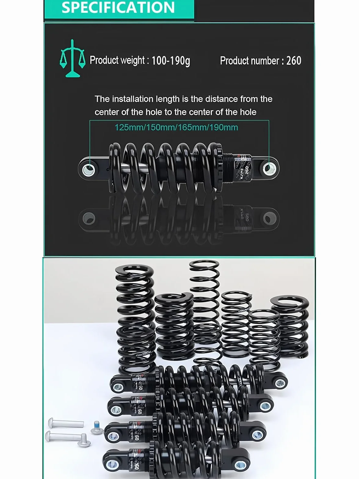 AuroraXQ Amortiguador Trasero Bici Montaña 125/150/165/190mm Suspensión MTB para E-Bike Bicicletas Plegables y Scooters(190mm,450 Lbs)