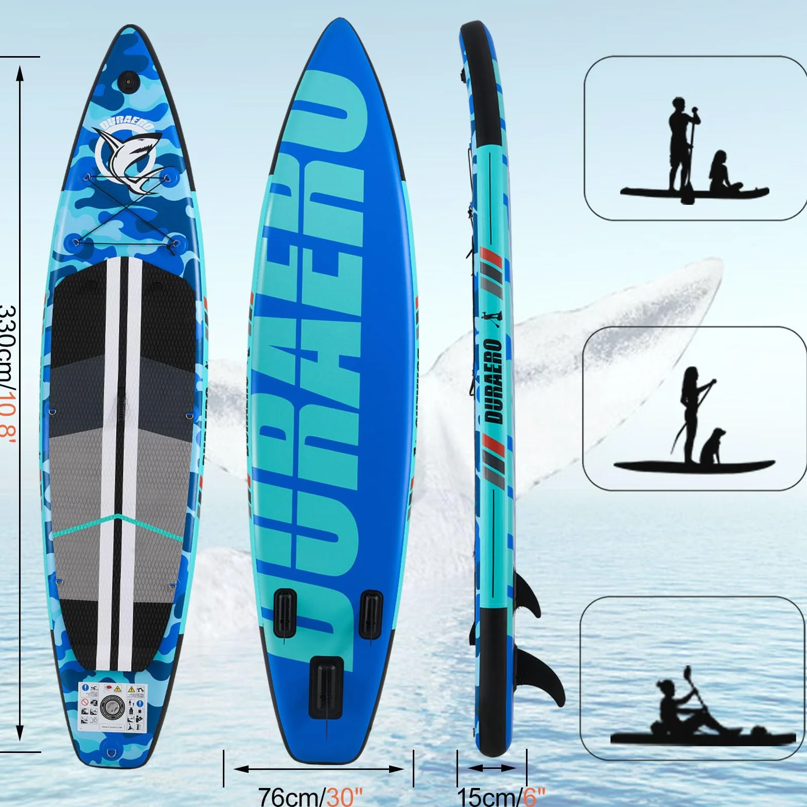 Tabla Hinchable de Paddle Surf con Asiento de Kayak, 330 x 76 x 15 cm, hasta 150 kg, Almohadilla Integrada, Aleta Desmontable, Doble Remo Ajustable, Kit de Reparación, Camuflaje Azul