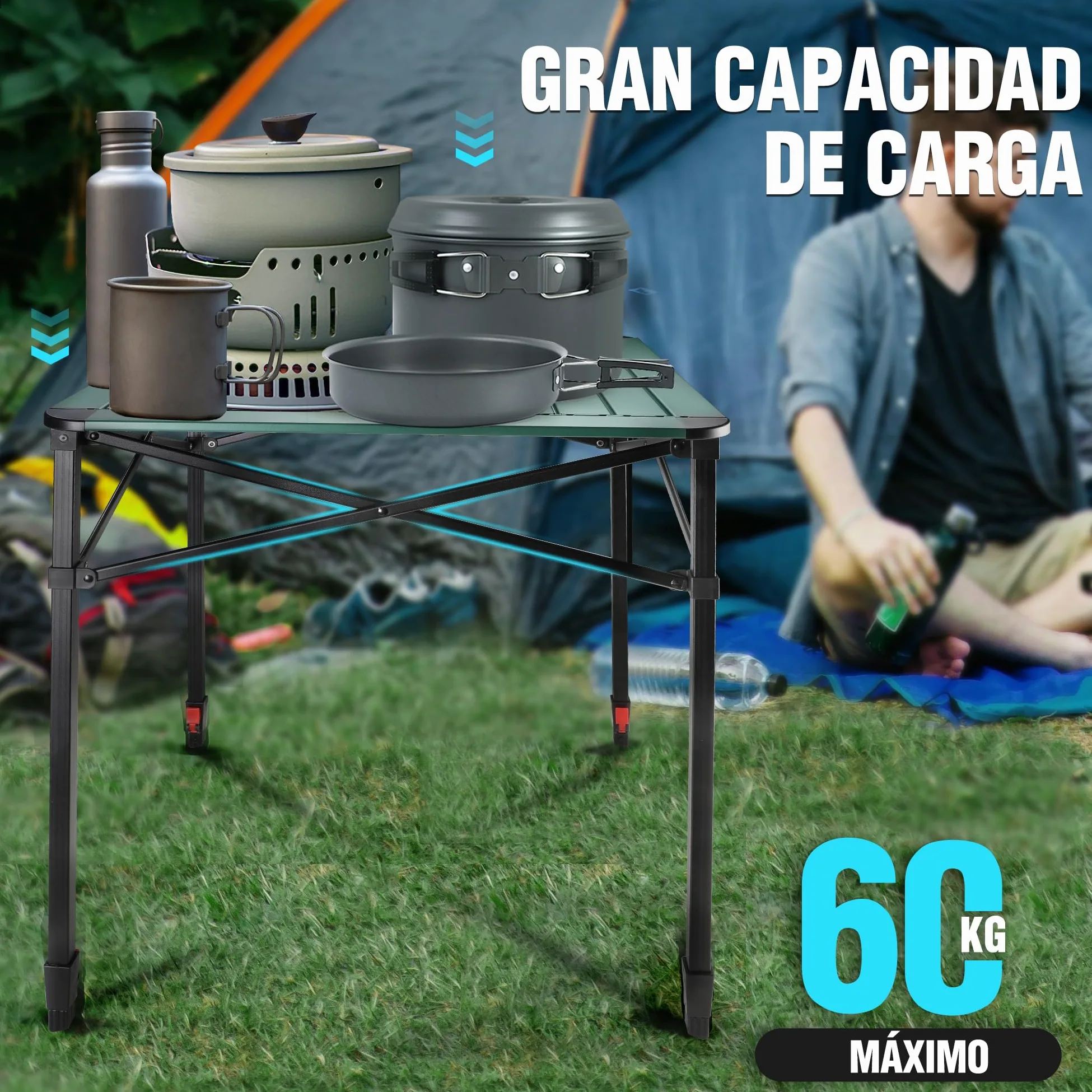 VILLEY Mesa Plegable con Bolsa de Transporte, Mesa Plegable Portátil de Aluminio, Mesa de Camping de Altura Ajustable, Mesa de Acampada para Picnic, Pesca, Camping, Playa y Extrior, 70 * 70 * 78cm