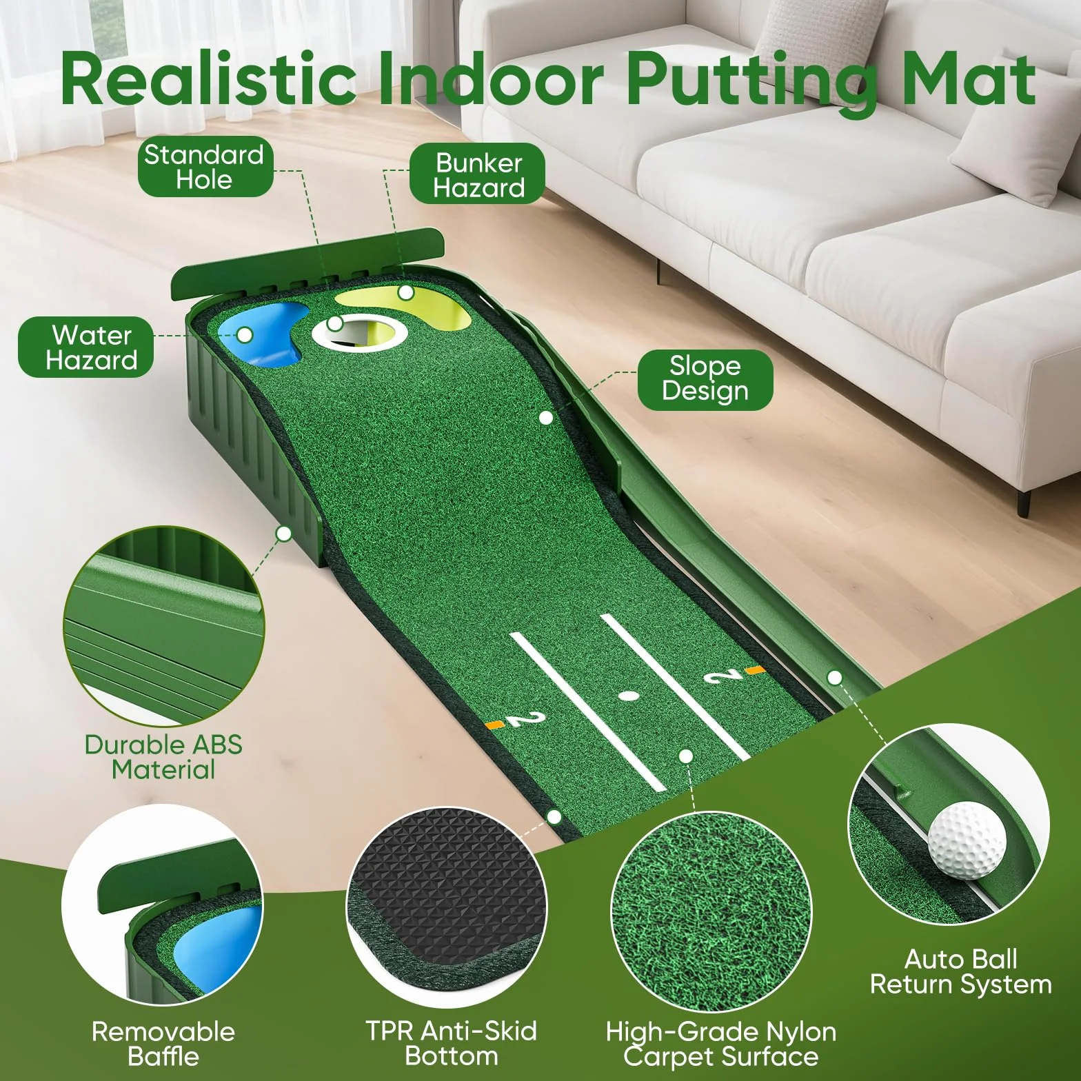 WildFun Golf Putting Green Mat with Putting Gates and Mirror for Home Office Practice