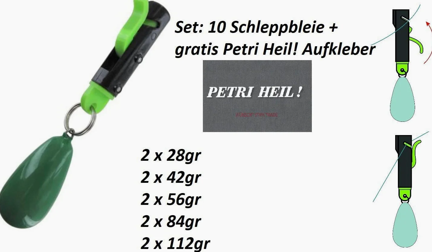 Jenzi - Juego de 10 plomos de arrastre para enganchar fácilmente en la cuerda, varios pesos + pegatina Petri Heil!