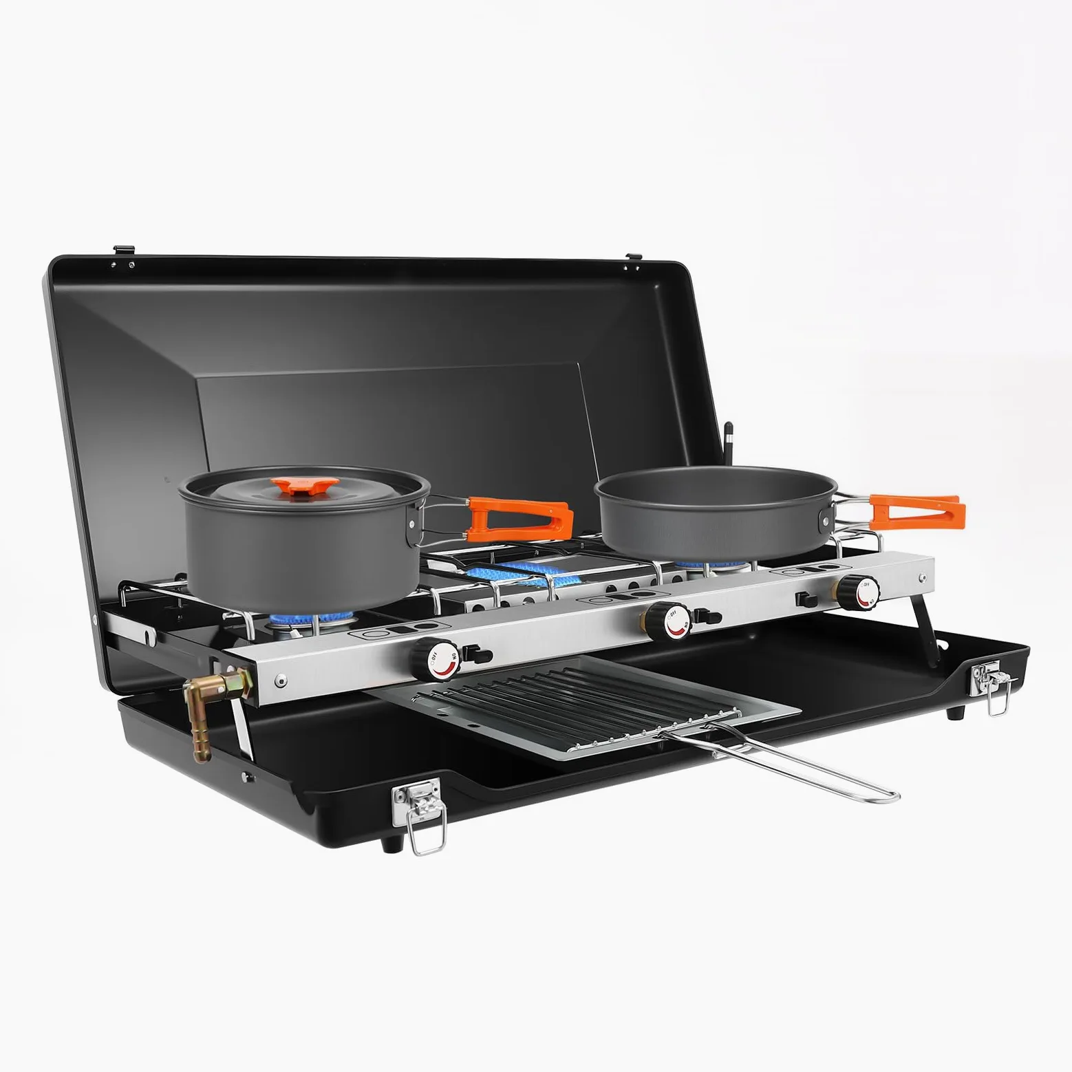 Hornillo de camping de gas de 4500 W, cocina portátil plegable de 3 quemadores, hornillo de camping, parrillas de camping, protección contra el viento, cierres estables, botones giratorios