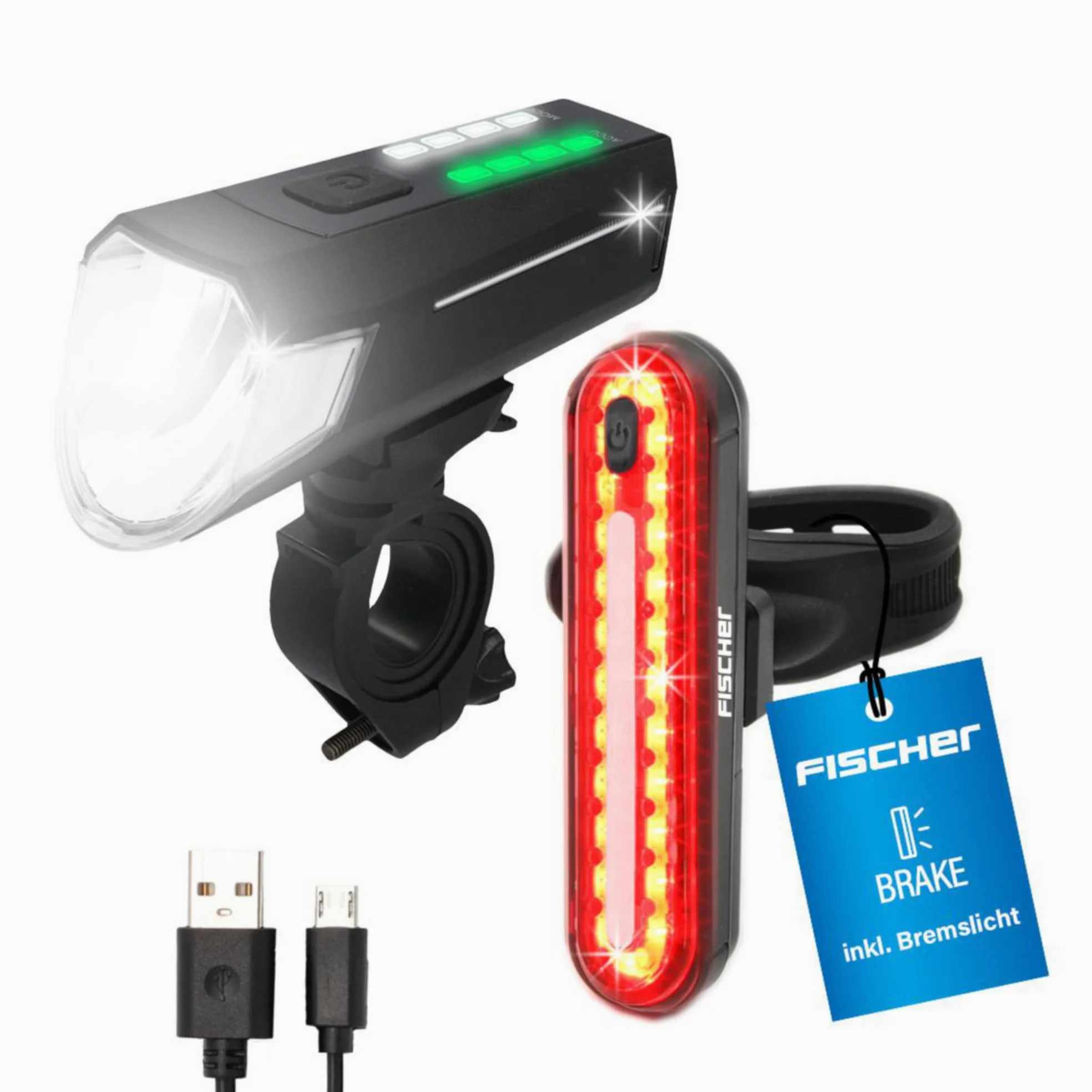 Fischer Juego de iluminación para Bicicleta 80/40/20 Lux, Juego de Luces de batería, luz Delantera y Trasera, con batería y función de Carga USB, 3 Funciones de luz, protección contra Salpicaduras