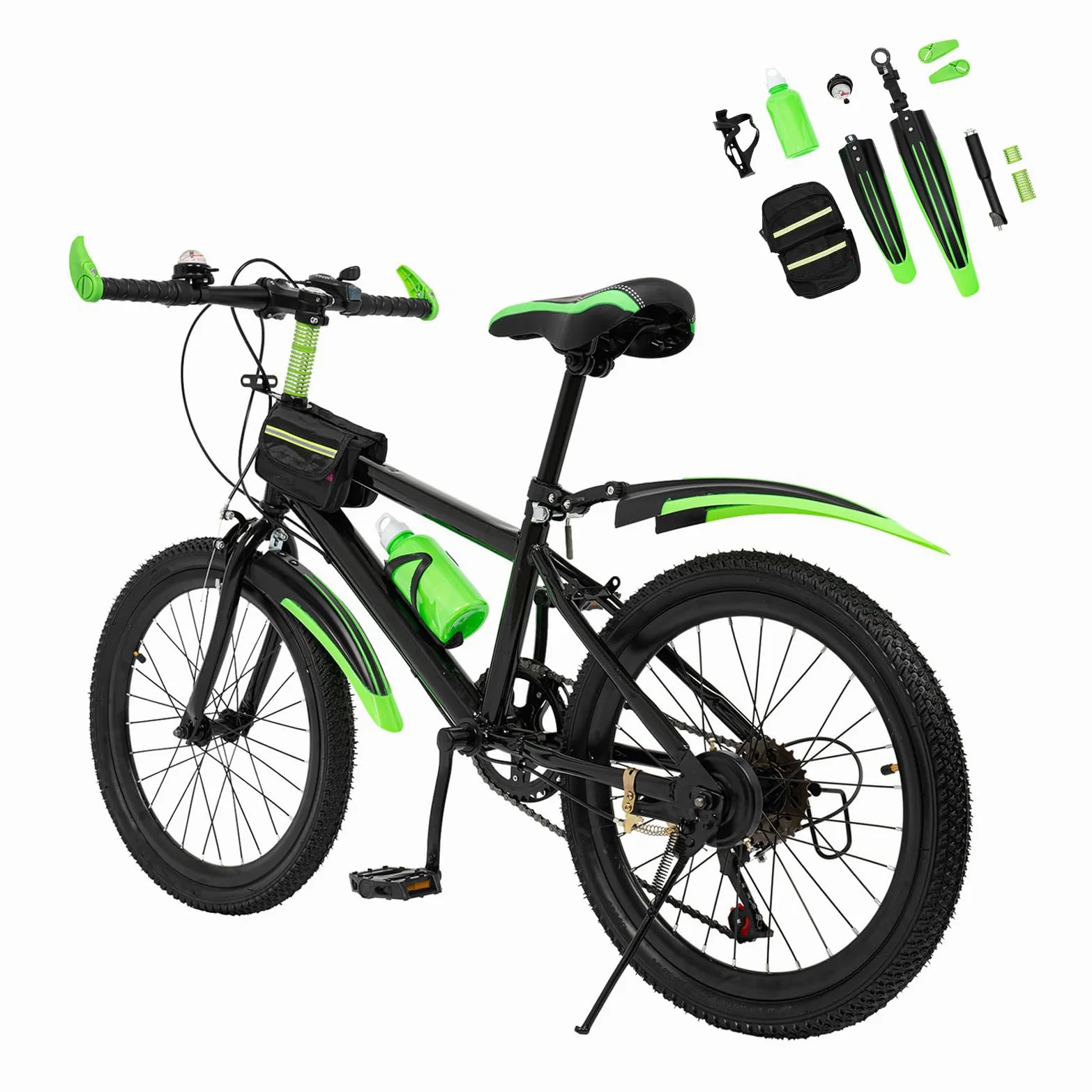 Bicicleta de montaña para niños de 20 pulgadas, 7 velocidades, con guardabarros para niños y niñas, incluye bolsa para botella de agua, brújula, capacidad de carga de 75 kg, color verde