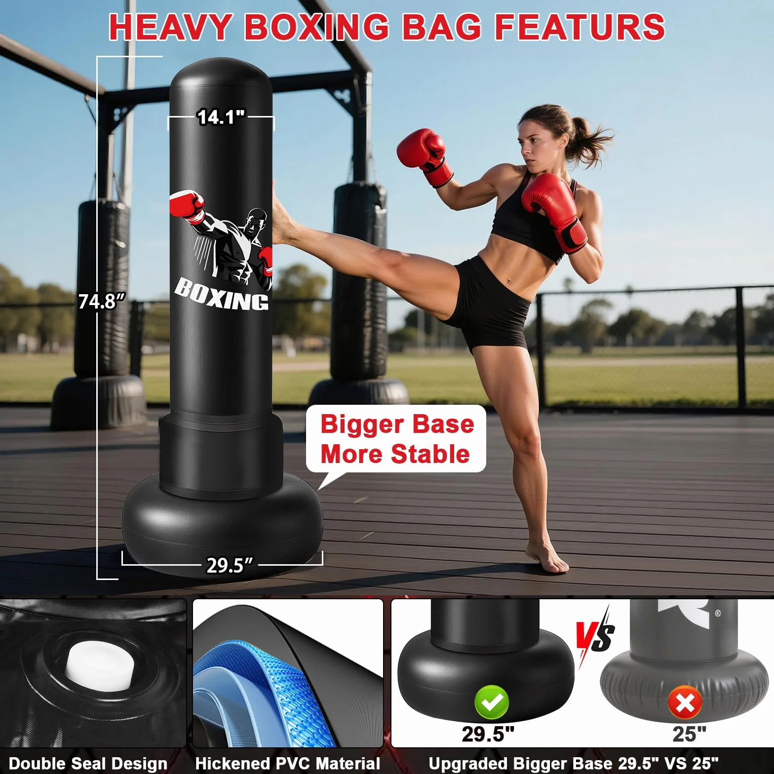 Ninonly Saco de Boxeo para Adultos 190cm Saco de Boxeo Inflable Pesado con Guantes de Boxeo, Bomba y Pelota de Reflejos,Base Grande Mejorado para Hombres y Mujeres,Entrenamiento MMA Muay Thai Fitness
