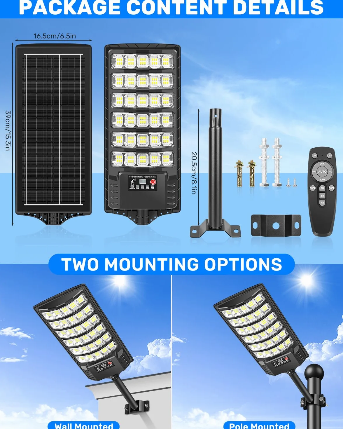 Farola Solar Exterior 1000W 7000K LED con Sensor de Movimiento y Mando, Impermeable para Jardín y Calle, 2 Paquetes