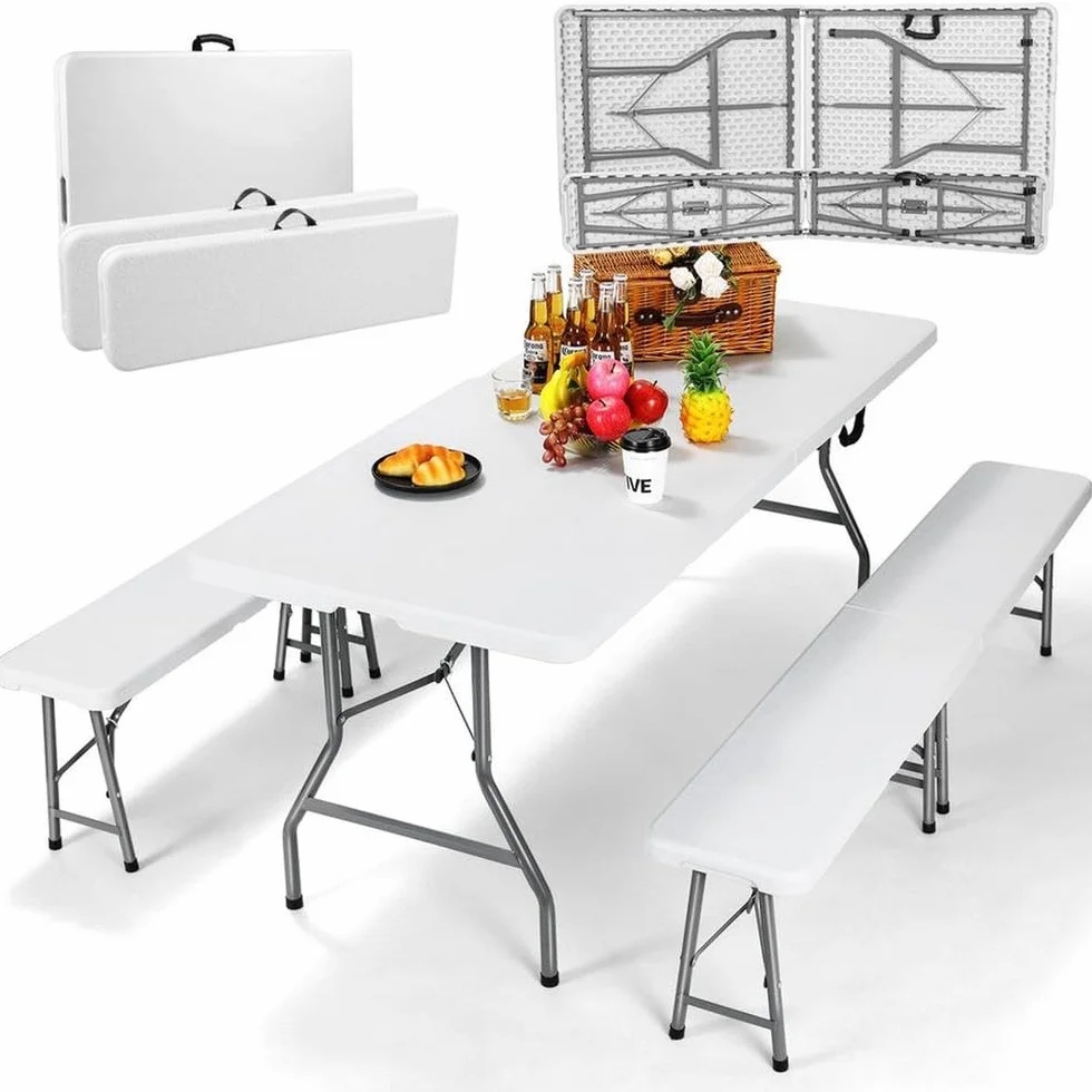 YOEVU Mesa Plegable con 2 Bancos, Conjunto Picnic 180 cm, Set Portátil Tipo Maleta, Estructura de Acero Resistente hasta 240 kg, para Camping, Jardín, Terraza y Eventos