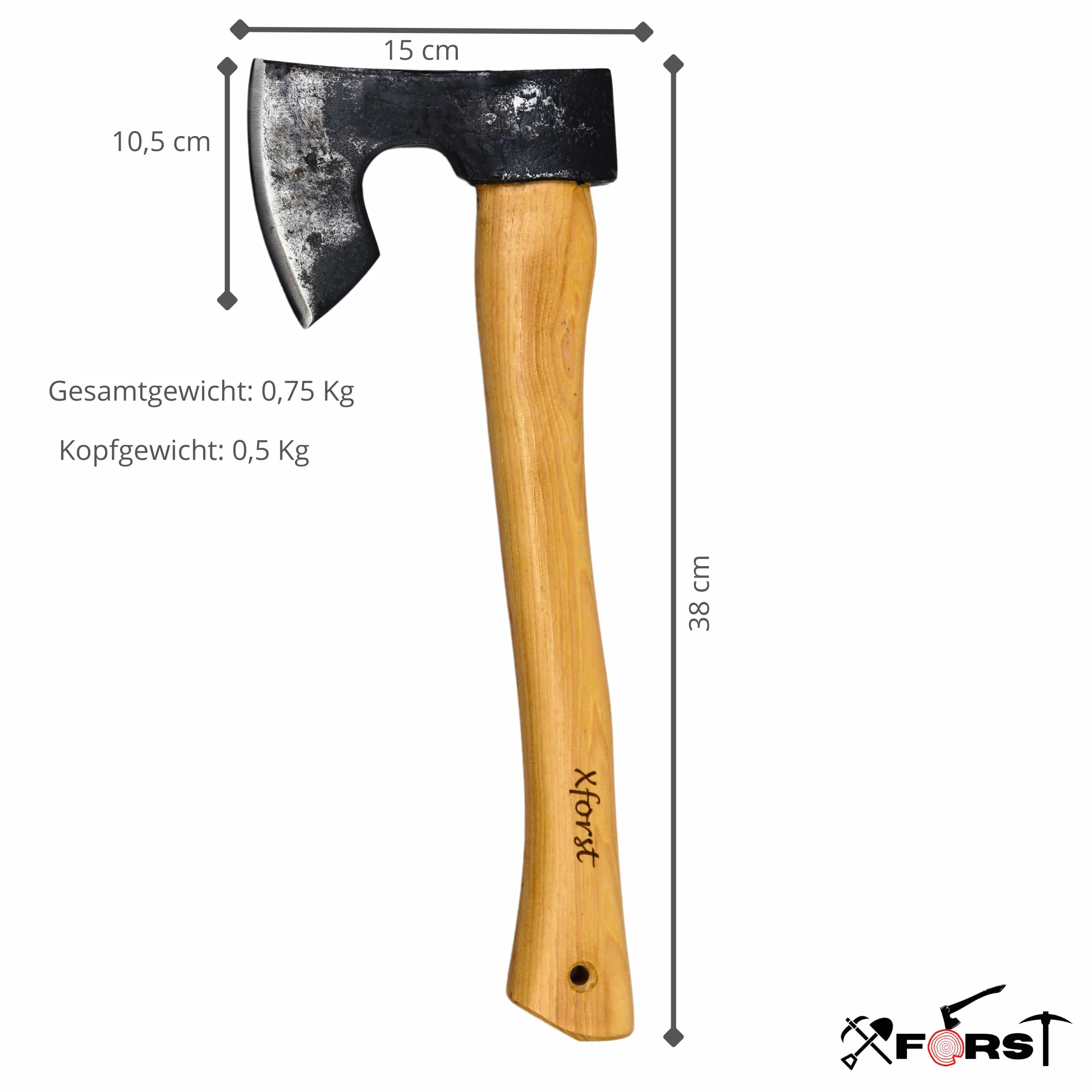 Xforst Hacha vikinga, hacha de supervivencia de acero al carbono forjado, hacha de mano con mango de madera de nogal y protector de corte de piel auténtica, 38 cm de longitud, 0,75 kg de peso, modelo