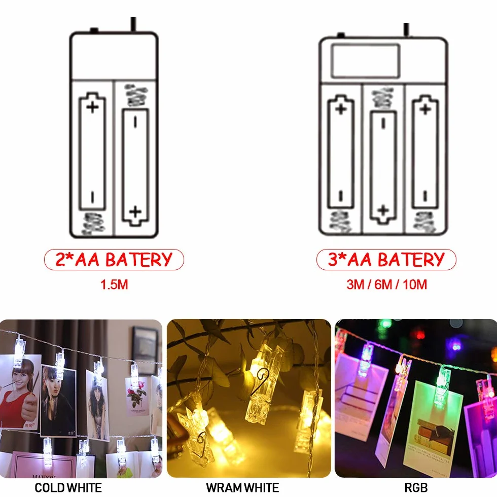 Clips LED Luces Cuerdas 1.5 M Navideñas Con Pilas Decoración Exterior E Interior