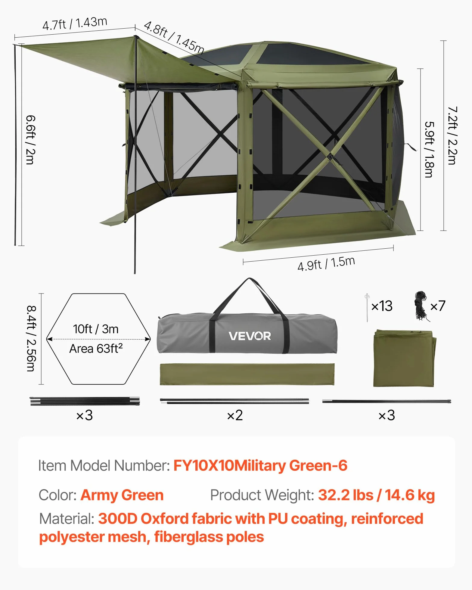 VEVOR Carpa Plegable de 6 Lados 3 x 3 m, Pérgola de Jardín con Techo Desmontable y Bolsa de Transporte, Carpa de Exterior para 6 a 8 Personas, para Fiesta, Camping, Playa, Patio, Jardín, Verde