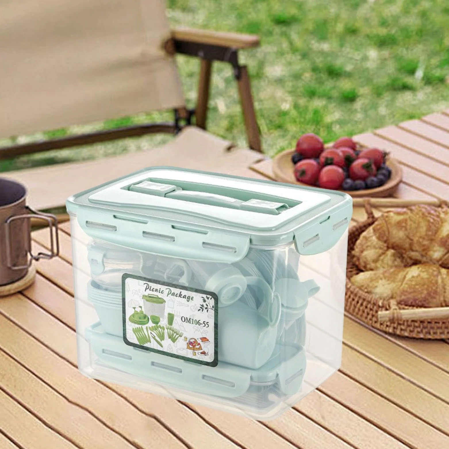 56 Piezas Cubiertos Portátiles Reutilizables Vajilla Completa Cucharas Tenedores Vasos Platos con Caja de Almacenaje Adecuado para Camping Picnic, Verde
