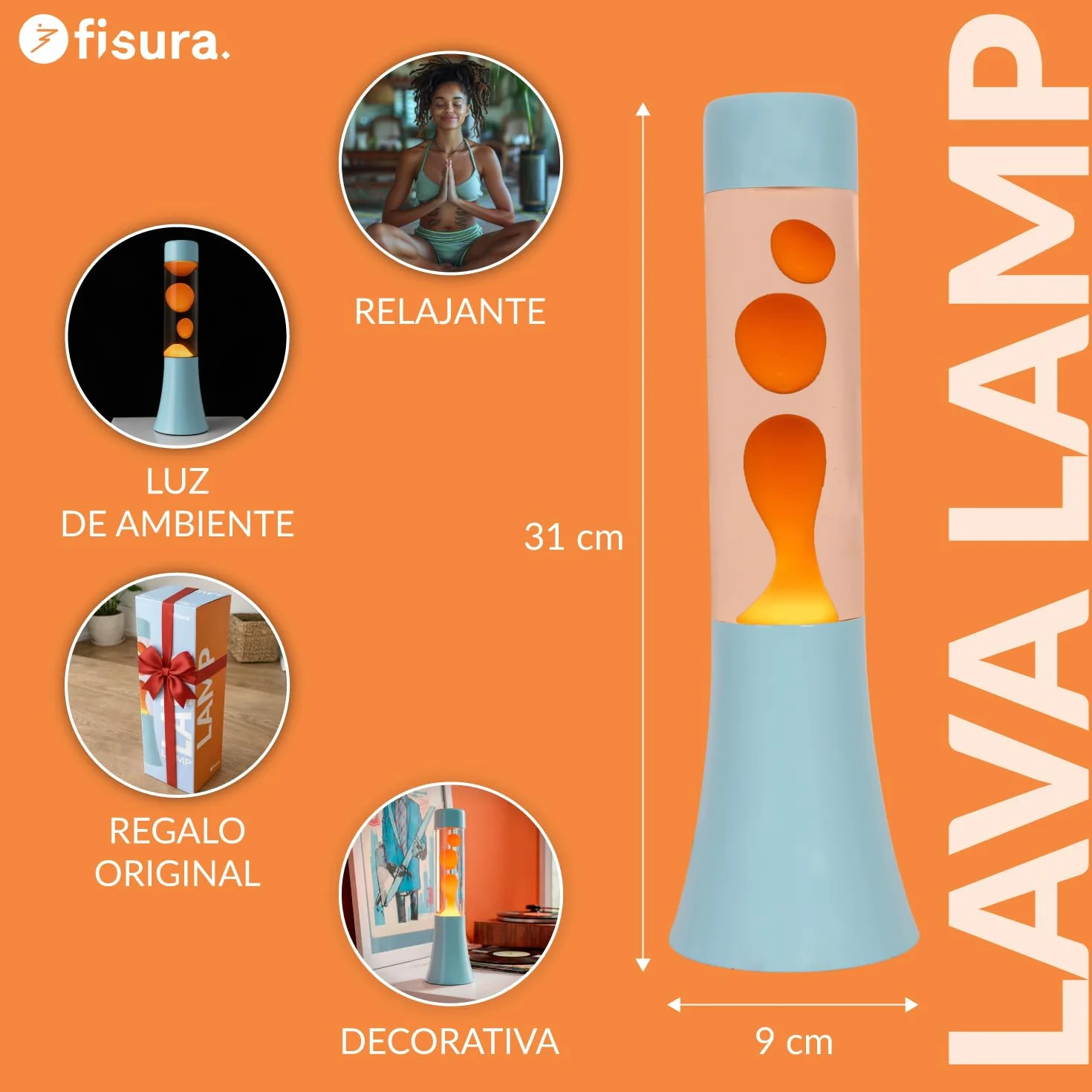 Lámpara de lava azul y naranja 30 cm, decorativa, diseño original retro para hogar