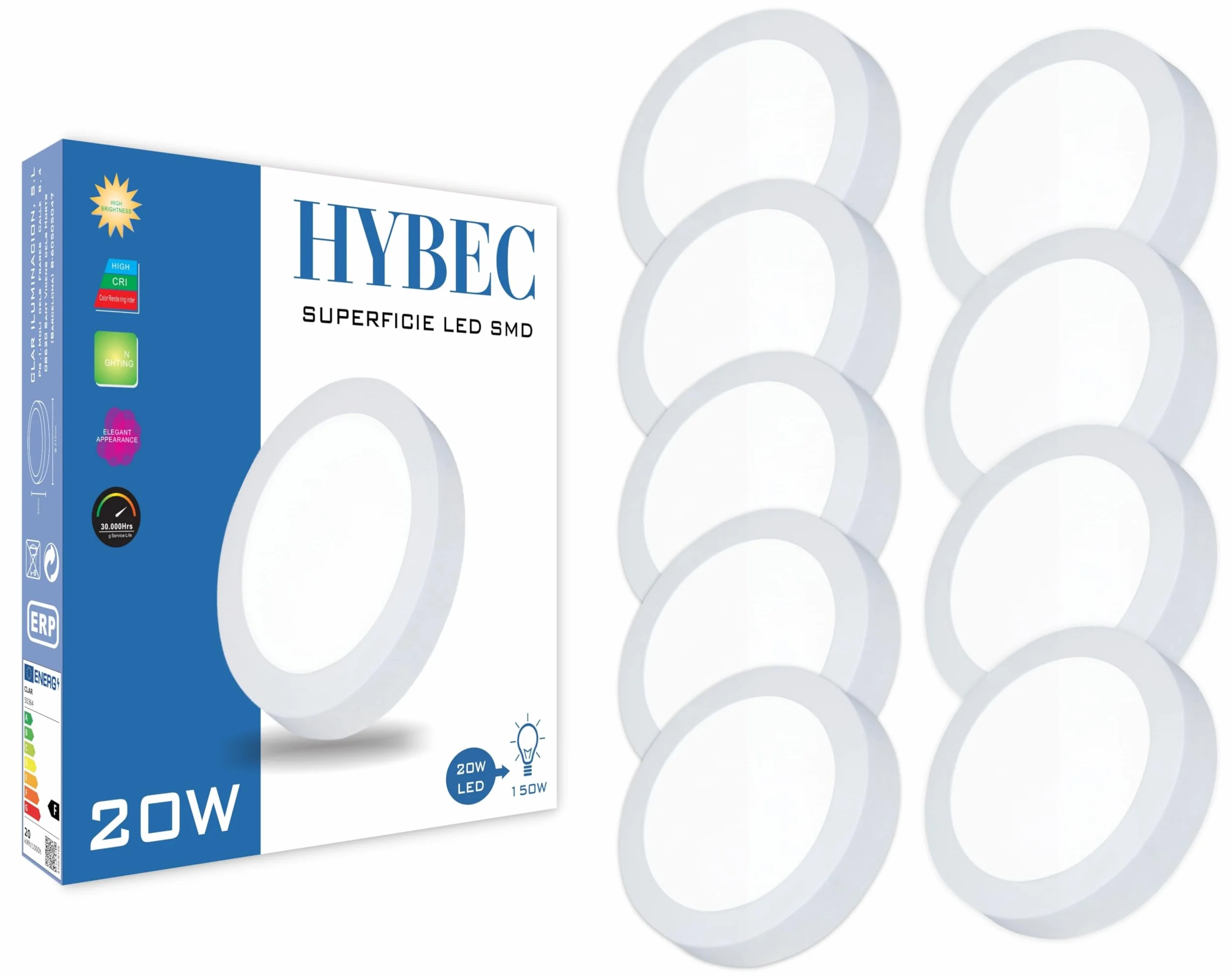 Downlight LED Techo Superficie 20W Blanco Frío 6500K Pack 9