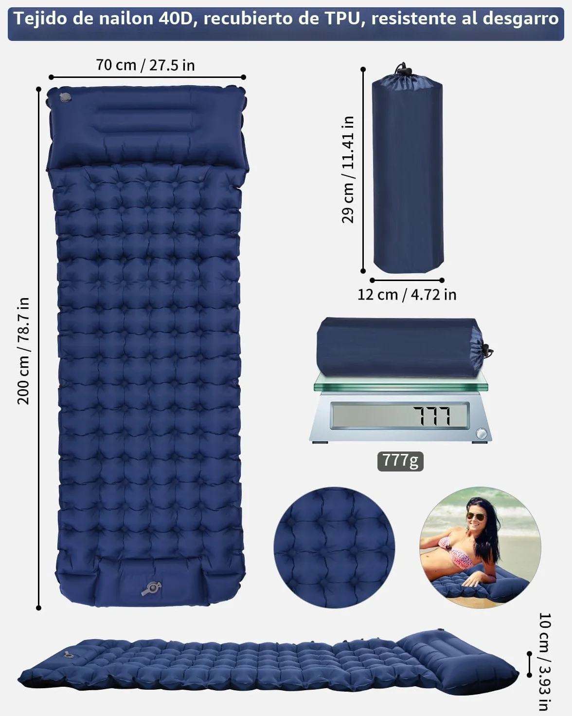 Zawaer Colchoneta De Camping Inflable Ultraligera para Dormir con Almohada, Esterilla Camping,Colchones Campings Autohinchable, Esterilla Dormir, para Exteriores, Senderismo