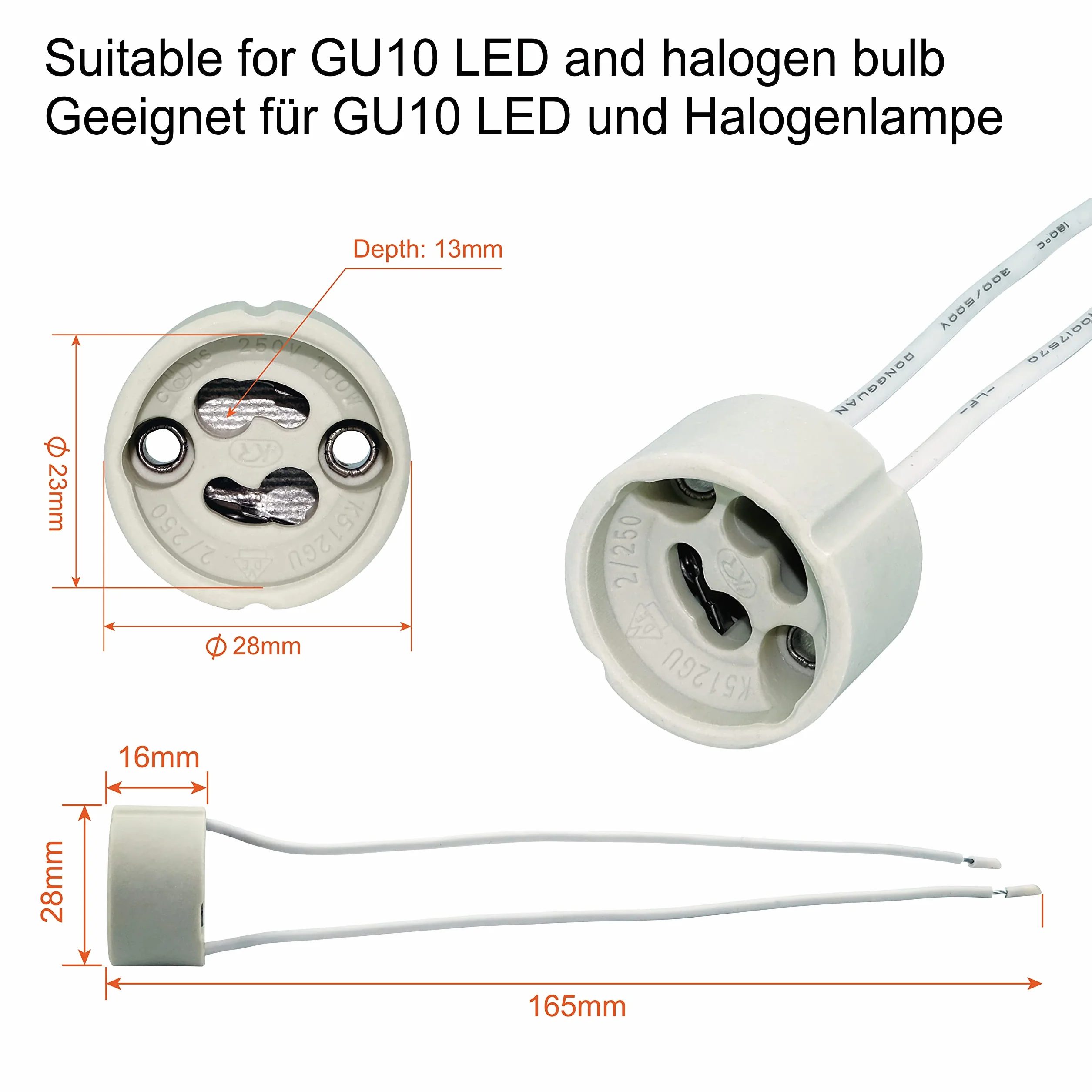 EACLL GU10 Bases para Lámparas, Casquillo Portalámparas Zócalo de Cerámica, Pack de 10, Con Cable de Silicona