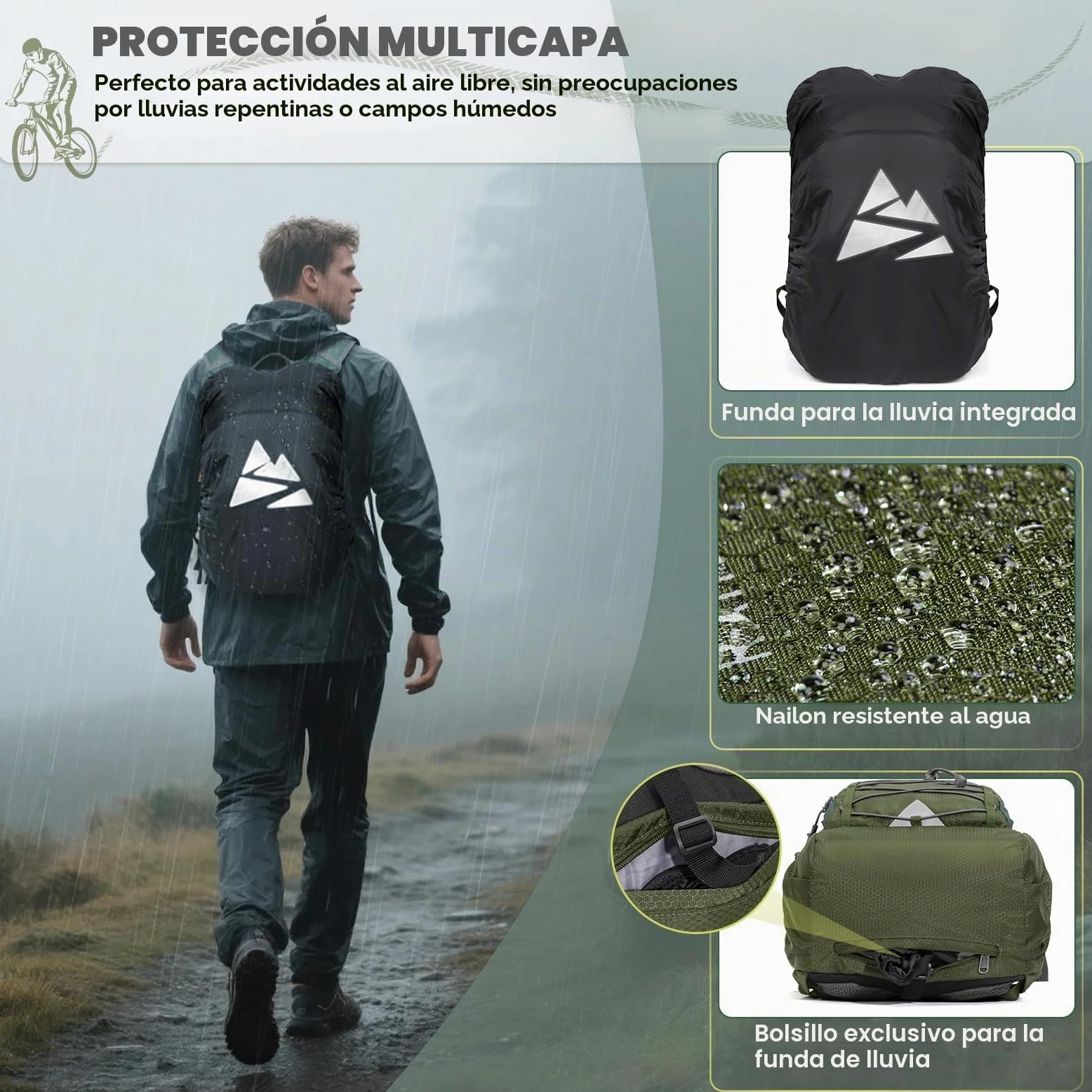 RAINSMORE Mochila de Hidratación con Bolsa de Agua 2L Mochila Bicicleta Montaña Mujer Hombre con Funda Impermeable para Senderismo Correr Ciclismo Trail Running Escalada Deportes al Aire Libre