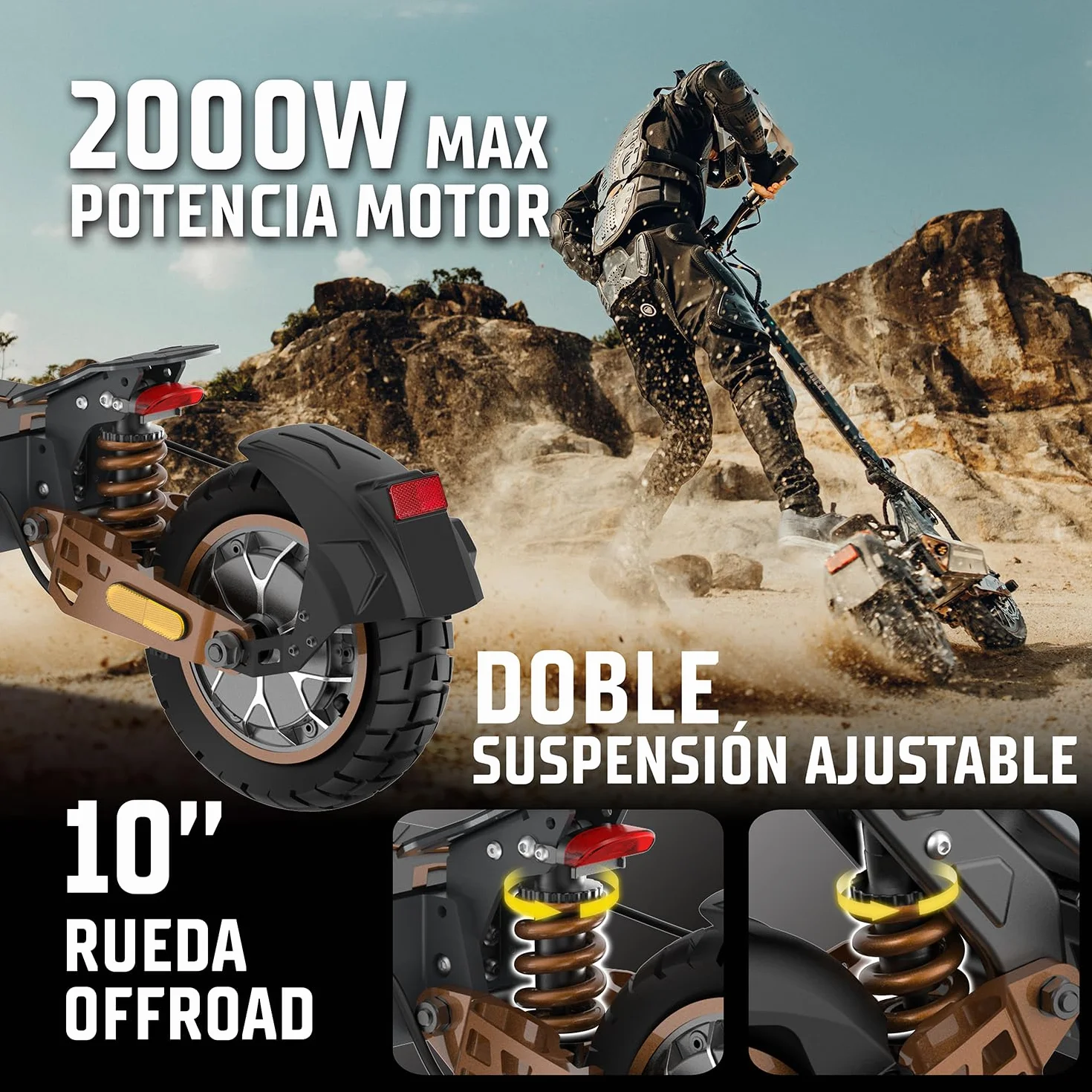 ZWHEEL ZWOLF | Patinete Eléctrico Adultos Homologado DGT - 500W-1000W MAX, 50-70km Autonomía, Geolocalización, Suspensión Híbrida Ajustable, Frenos Regeneradores AER - Ruedas 10" Offroad
