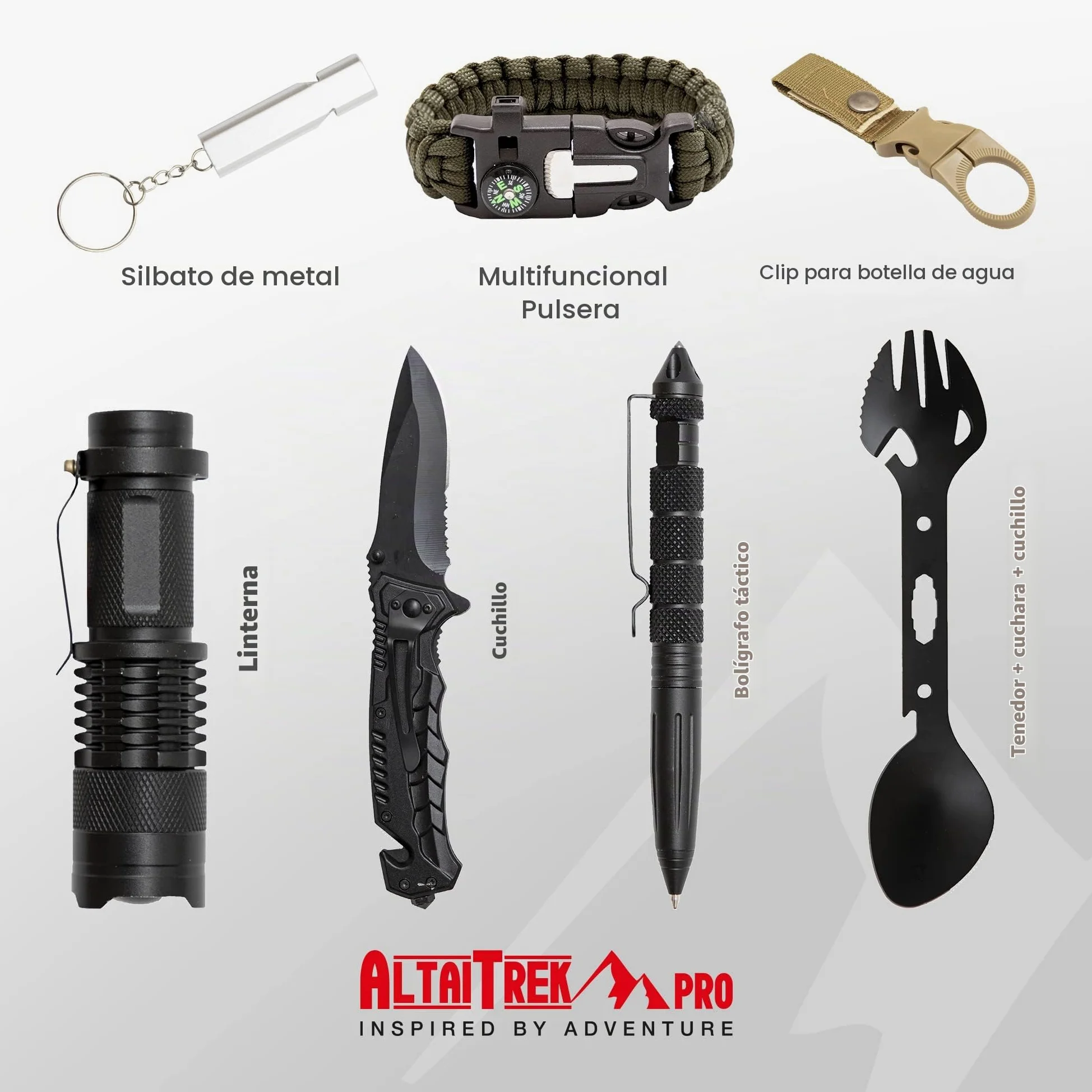 Kit de Supervivencia con Cuchillo, Manta Térmica, Flintlock, Bolígrafo de Defensa Personal, Hacha Multifunción | para Camping, Rescate | El único con Filtro de Agua de Emergencia