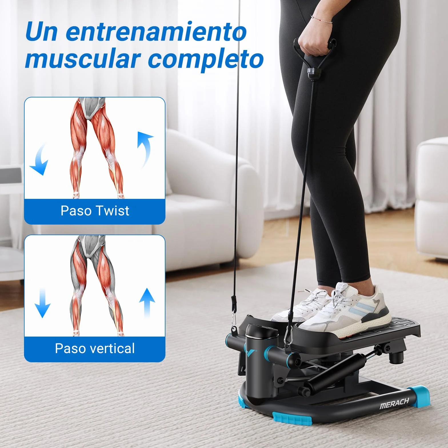 MERACH Mini Stepper Fitness Apartment,Stepper 2 en 1 para Casa,Silent Swing 150 kg con Pantalla LCD y Bandas de Resistencia,para Entrenamiento de Piernas,Brazos y Glúteos