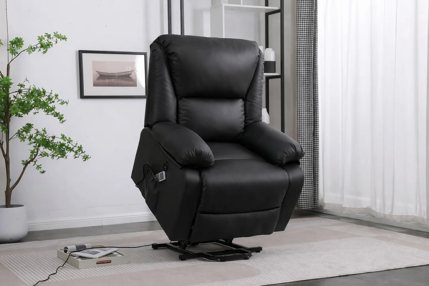 Sillón Relax Eléctrico Reclinable Miami 8 Modos de Masaje Calor Lumbar Elevapersonas Mando a Distancia 2 Puertos USB Polipiel Negro