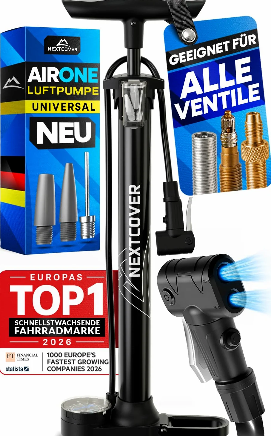 NEXTCOVER® Bomba de bicicleta todas las válvulas con [tecnología de flujo de aire] I Bomba para válvula de coche, válvula Presta y válvula Dunlop, bomba de aire de pie para bicicleta con manómetro I