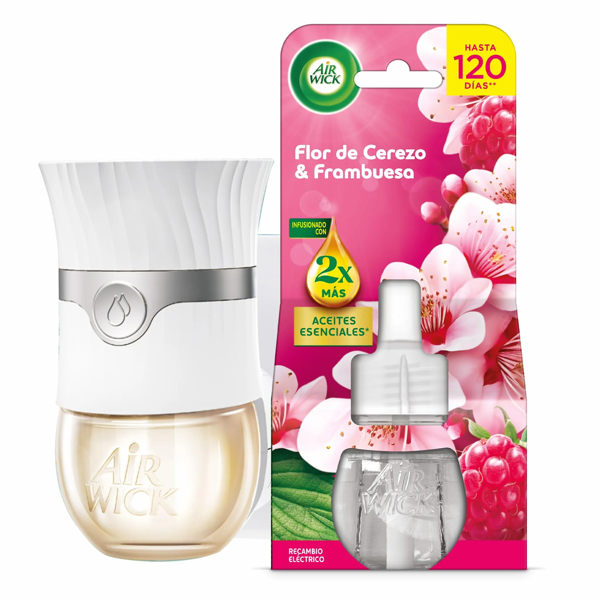 Air Wick Ambientador Eléctrico Aparato Difusor Inteligente Anti-Fading Recambio Flor de Cerezo Frambuesa 2x Aceites Esenciales