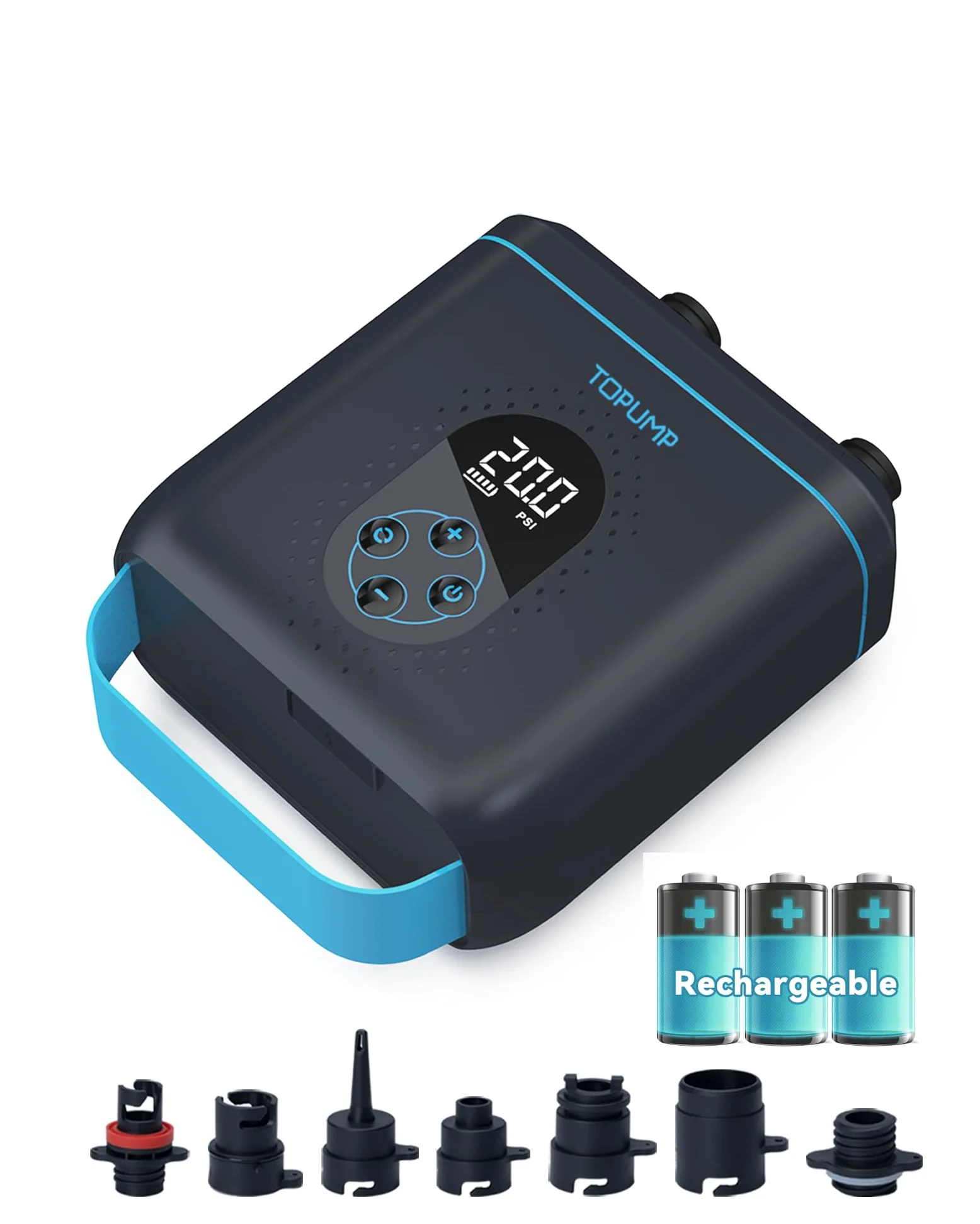 TOPUMP Bomba eléctrica para tabla de remo TPS260-20PSI, bomba de aire portátil recargable SUP, inflado y desinflado de doble etapa, apagado automático para tablas de remo, barcos, kayaks y tienda de