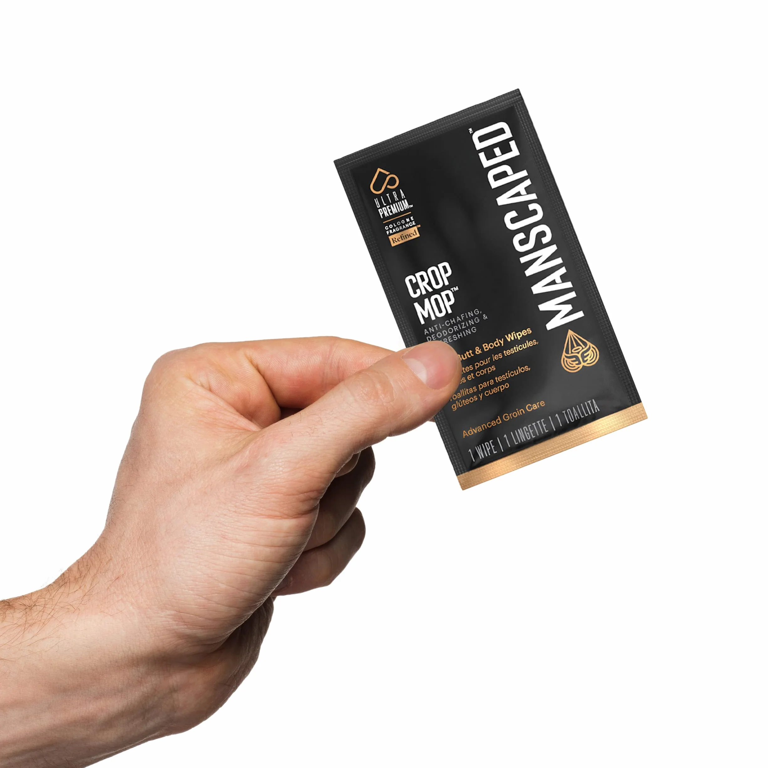 MANSCAPED® The Crop Mop® Toallitas íntimas para testículos, pack de 15 toallitas húmedas antirrozaduras para higiene masculina