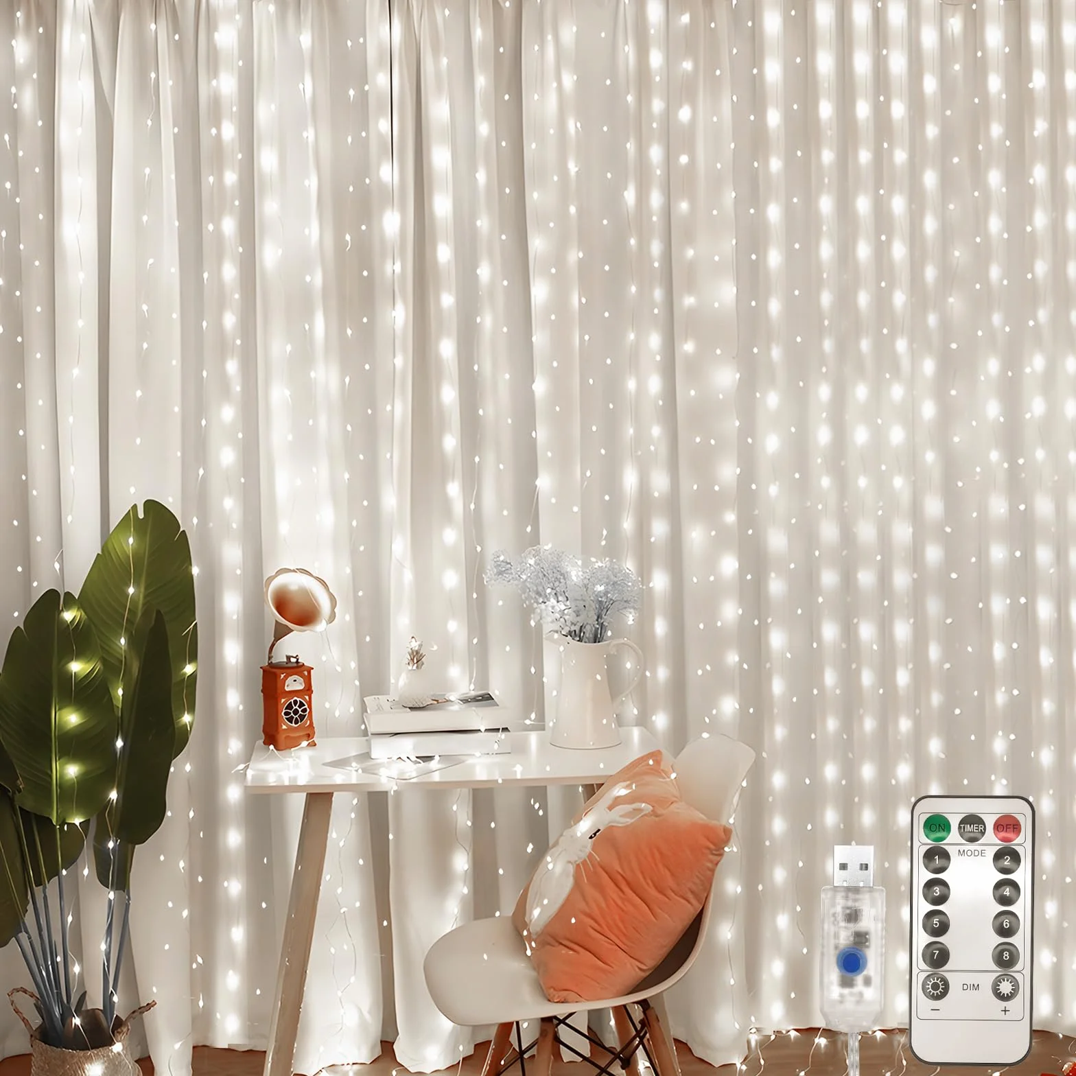 Cortina de Luces LED 360 LED 3.6 x 3M con Control Remoto 8 Modos USB para Exterior Navidad Jardín (Blanco frío)