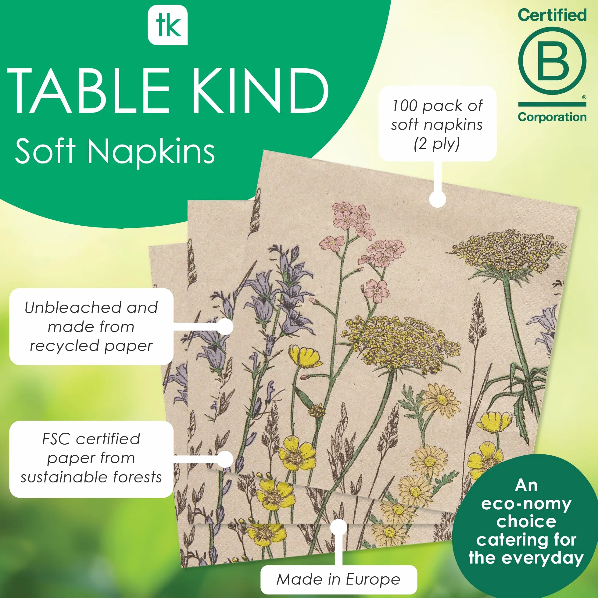 Servilletas de Papel Reciclado Kraft Suave 2 Capas 33cm Flores Silvestres