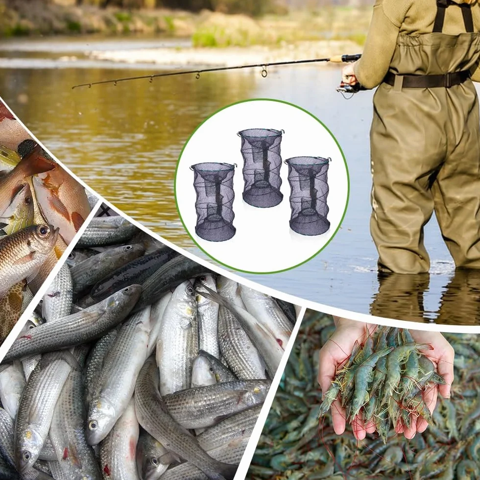 Trampa de Cebo de Pesca Plegable, 3PCS Red para Langostas Trampa para Peces, Red de Pesca Portátil Nailon, Malla Cesta de Camarones Pesca 30*60cm para Gambas, Cangrejos, Pececillos, Langostas