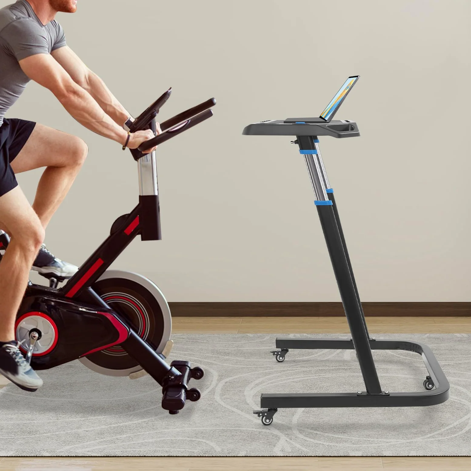Mesa de entrenamiento para bicicleta, altura ajustable, con ruedas bloqueables, superficie de trabajo antideslizante, soporte para tableta/smartphone y 2 soportes para bebidas, para bicicleta estática