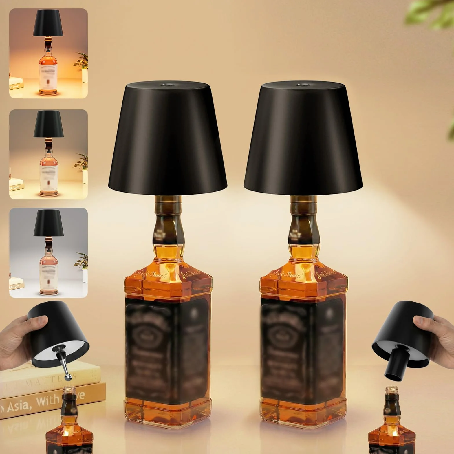 Lámparas LED para Botella 2 Piezas, Inalámbricas Recargables IP54, 5300 mAh, Negro