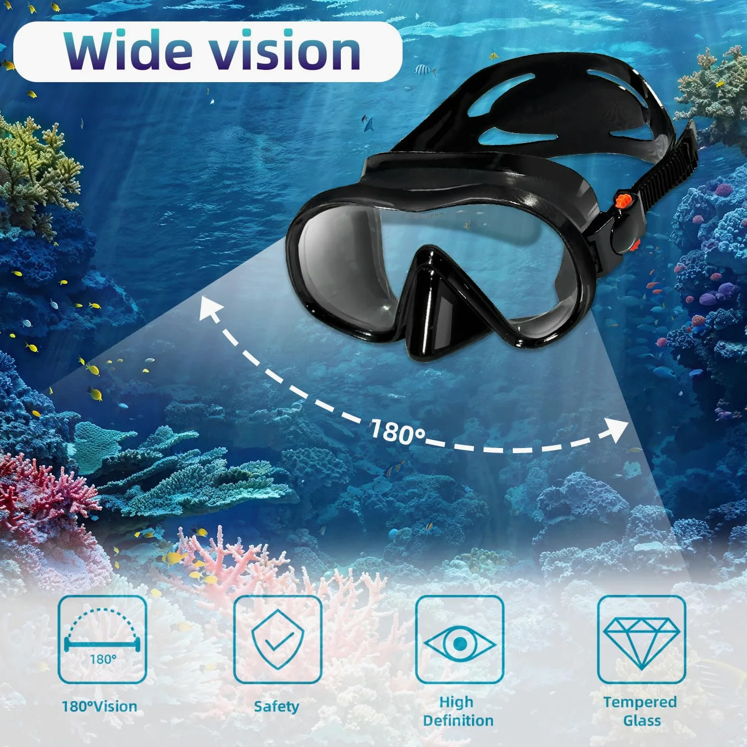 M105 - Máscara de buceo panorámica HD de silicona, antivaho de 180°, gafas de buceo de vidrio templado, gafas de buceo para adultos y jóvenes, gafas de natación para buceo, esnórquel, natación con