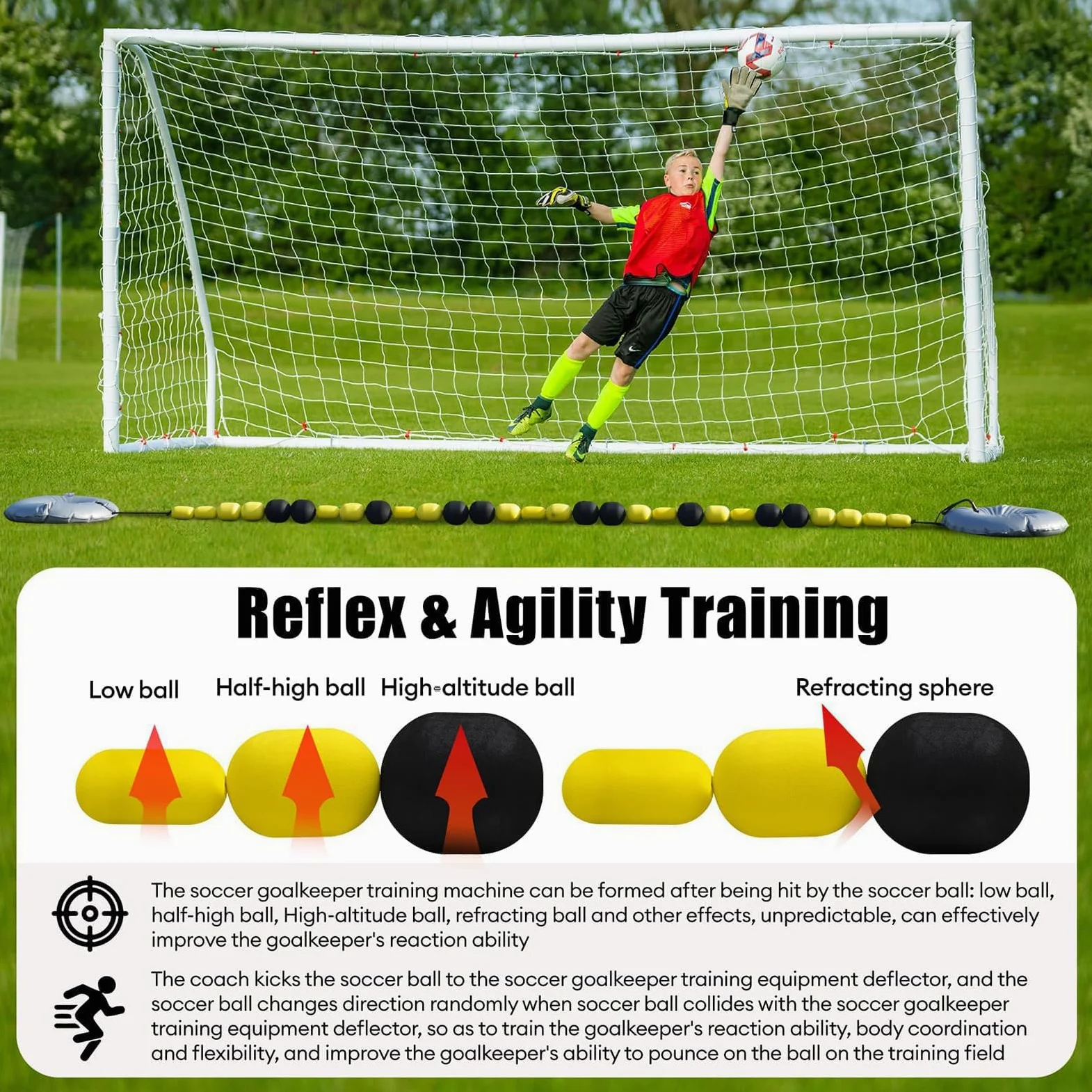 Equipo De Entrenamiento para Porteros De Fútbol, Deflector De Balón De Línea Simple De 2,5 m/4 m con 2 Bolsas De Agua, Múltiples Ángulos De Rebote, Cadena De Rebote para Entrenar Reflejos Y Agilidad