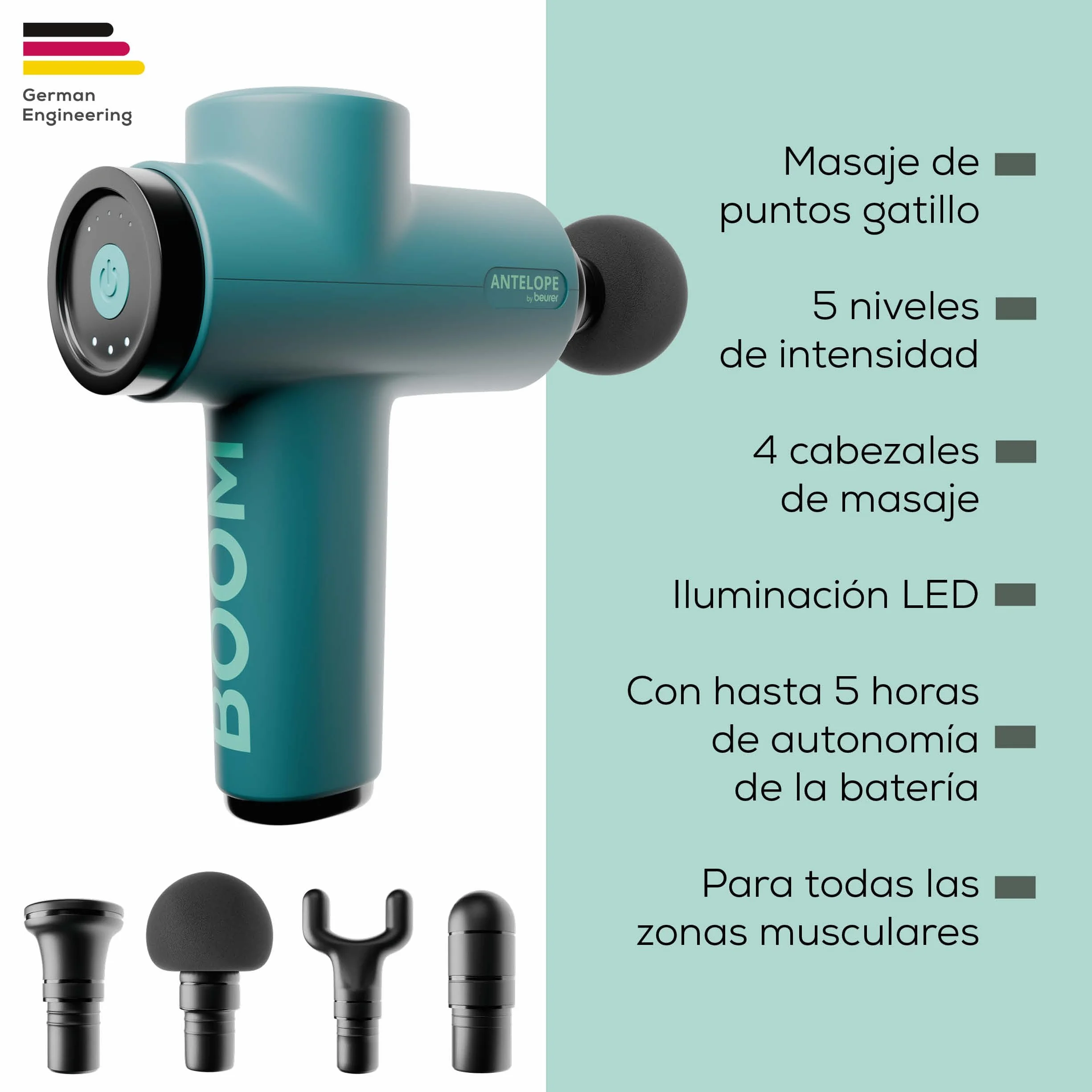 Beurer BOOM Pistola de masaje muscular, Massage Gun compacta, 4 accesorios, 5 niveles de intensidad, batería