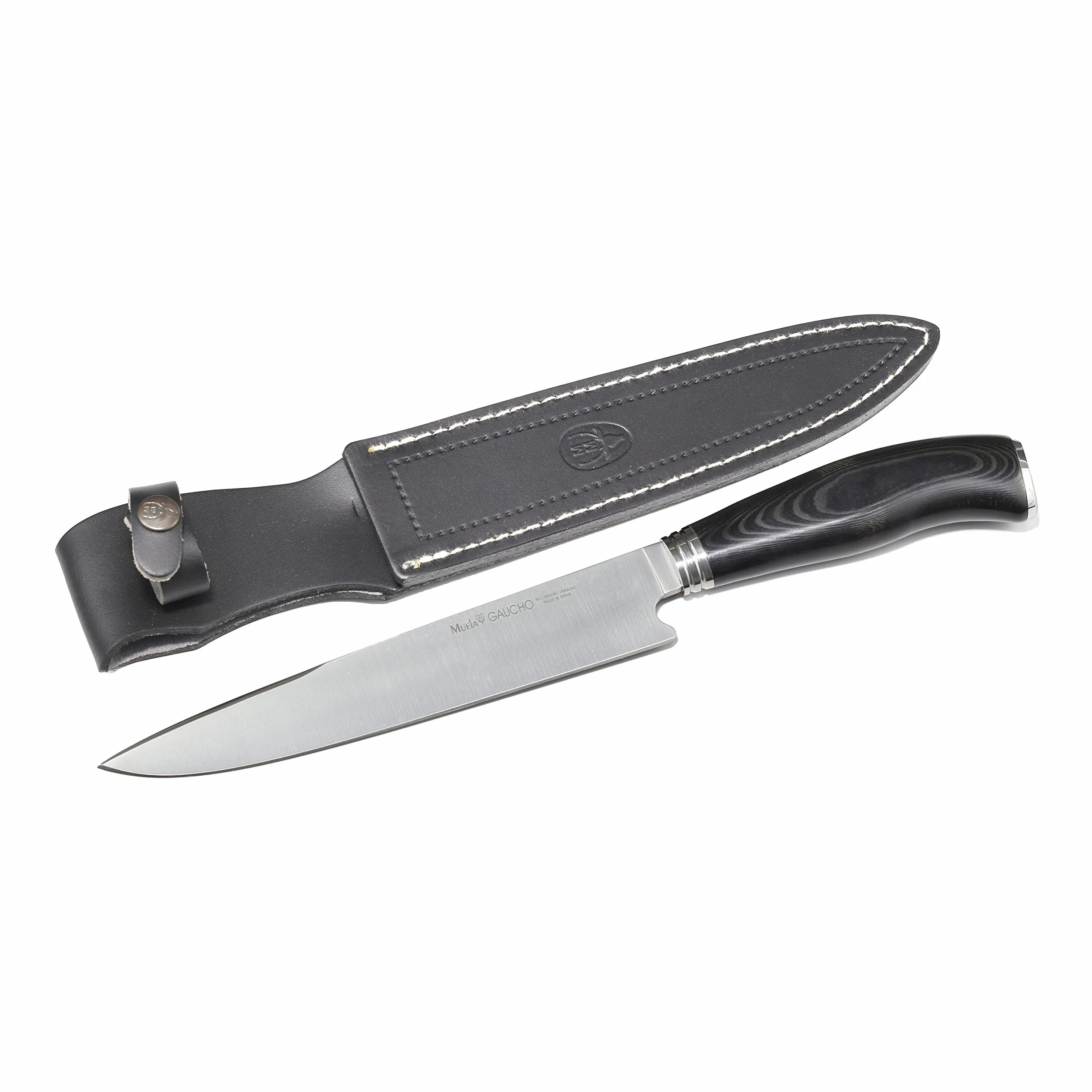 Muela ELECTROPOLIS Cuchillo de Caza Gaucho GAUCHO-20M, tamaño Total 32,5 cm, Mango micarta Negra, pomo y virola de Acero Inoxidable + Tarjeta Multiusos de Regalo