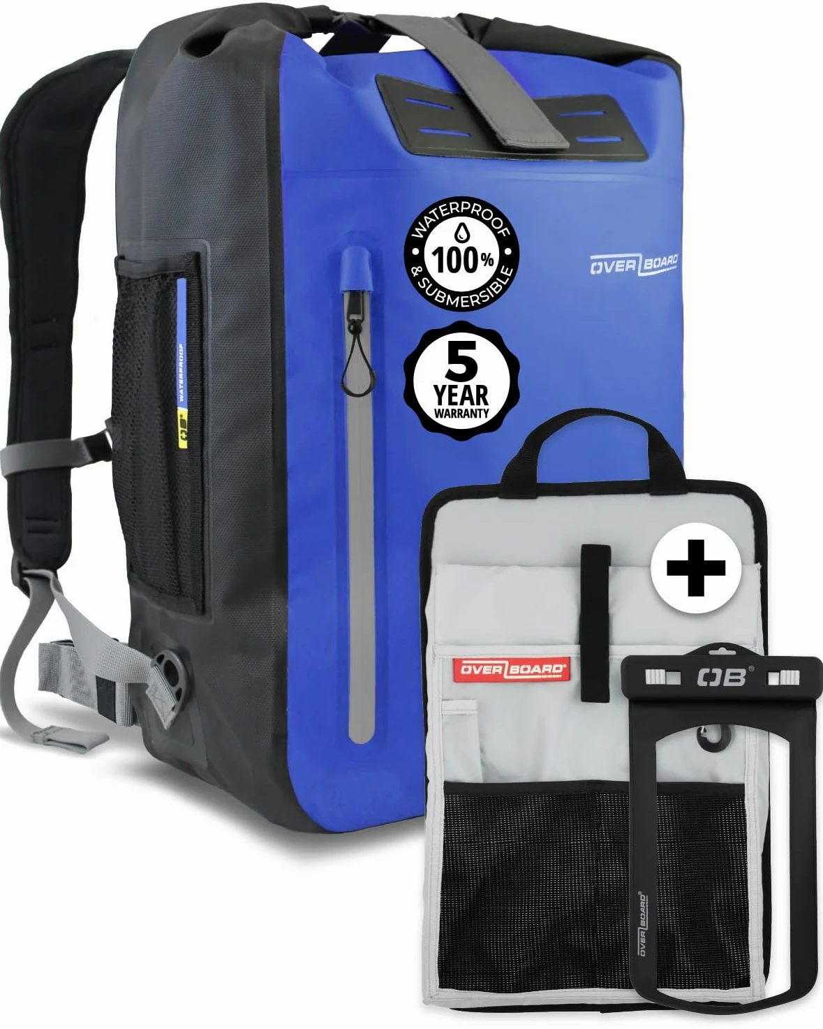 Overboard Mochila impermeable azul de 45 litros | Bolsa seca flotante enrollable para kayak, playa, canotaje, senderismo, pesca, rafting | Incluye funda impermeable para teléfono y organizador de