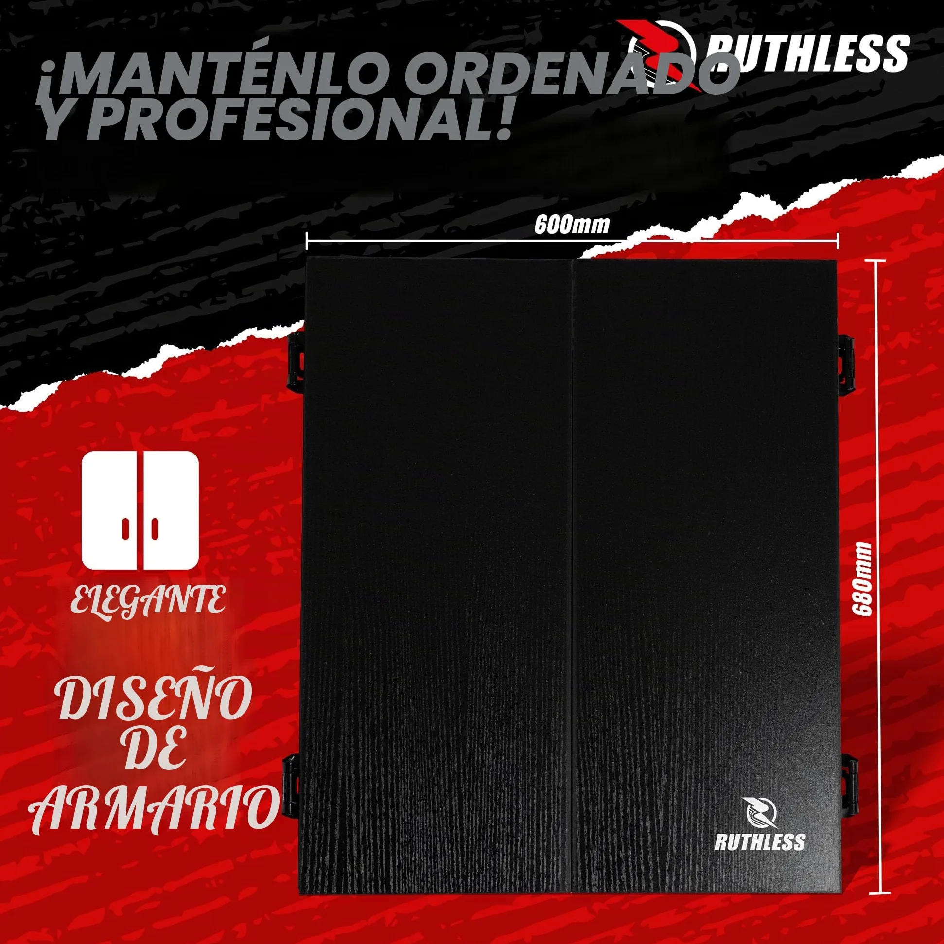 Ruthless - Tablero de dardos electrónico Ruthless R500 en gabinete - Punta blanda - incluye 4 juegos de dardos - para 8 jugadores - 27 juegos