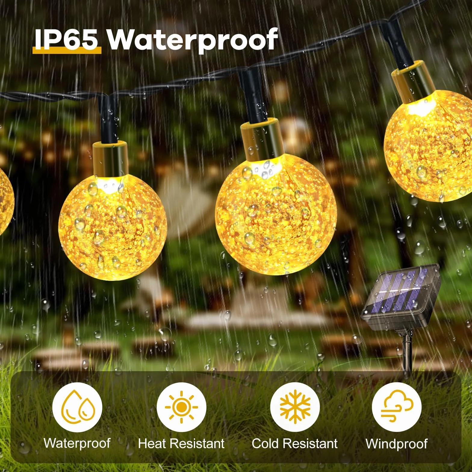 Guirnaldas Luces Exterior Solares 11M 60LED IP65 Impermeable 8 Modos Cadena Solar Blanco Cálido
