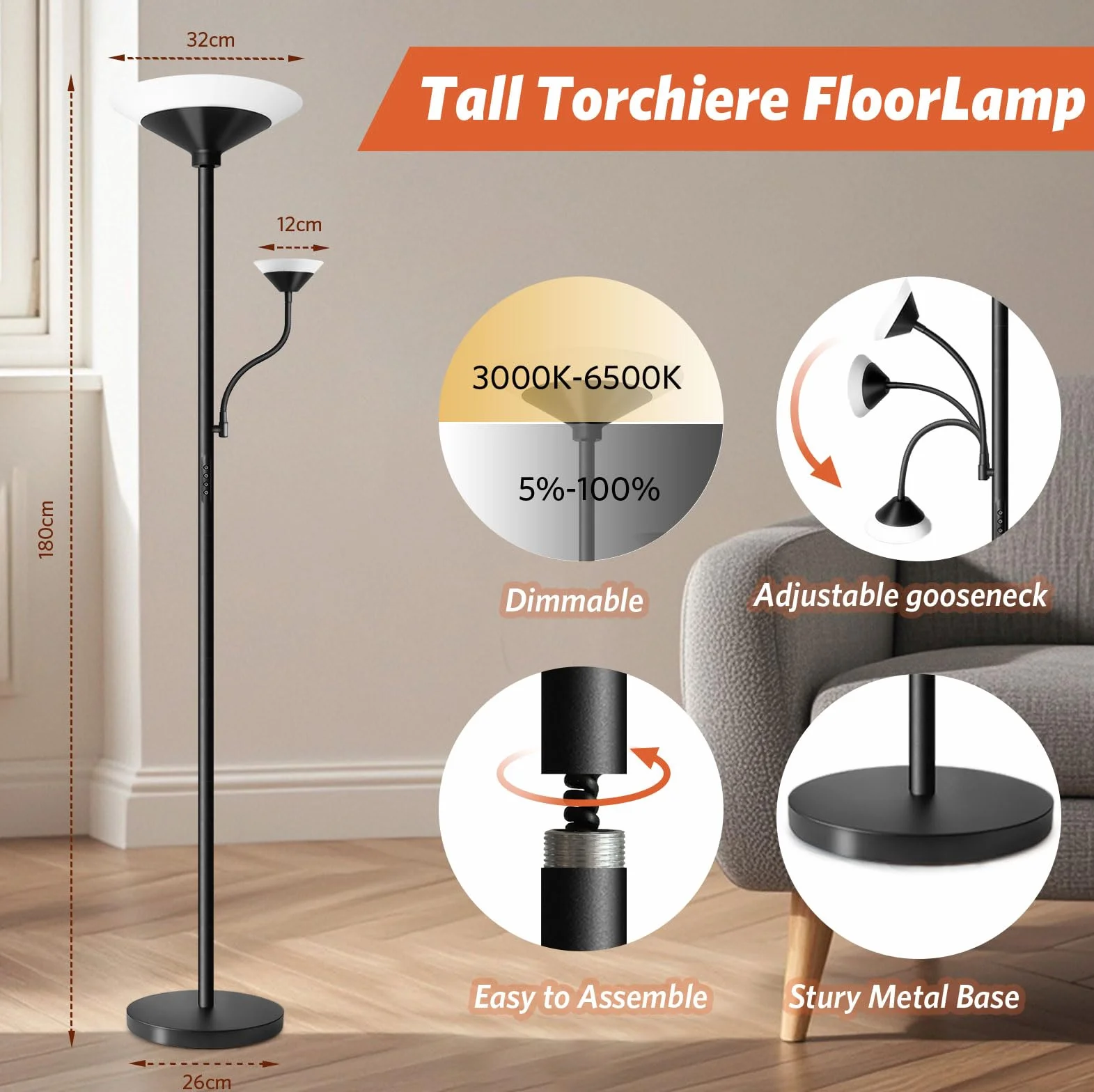 BBHome Lámpara de Pie LED 27W Regulable con Lámpara de Lectura 6W Mando a Distancia Táctil