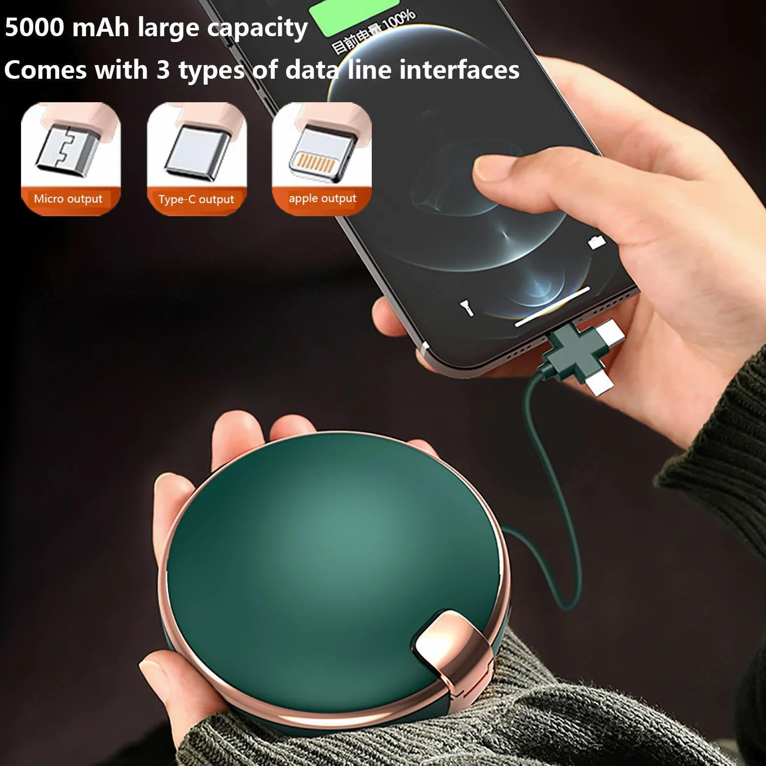 Calentadores de Manos eléctricos Recargables con Espejo cosmético, Banco de energía 3 en 1, Calentadores de Manos Recargables de 5000 mAh/USB Tipo C/2 Niveles de Temperatura para a