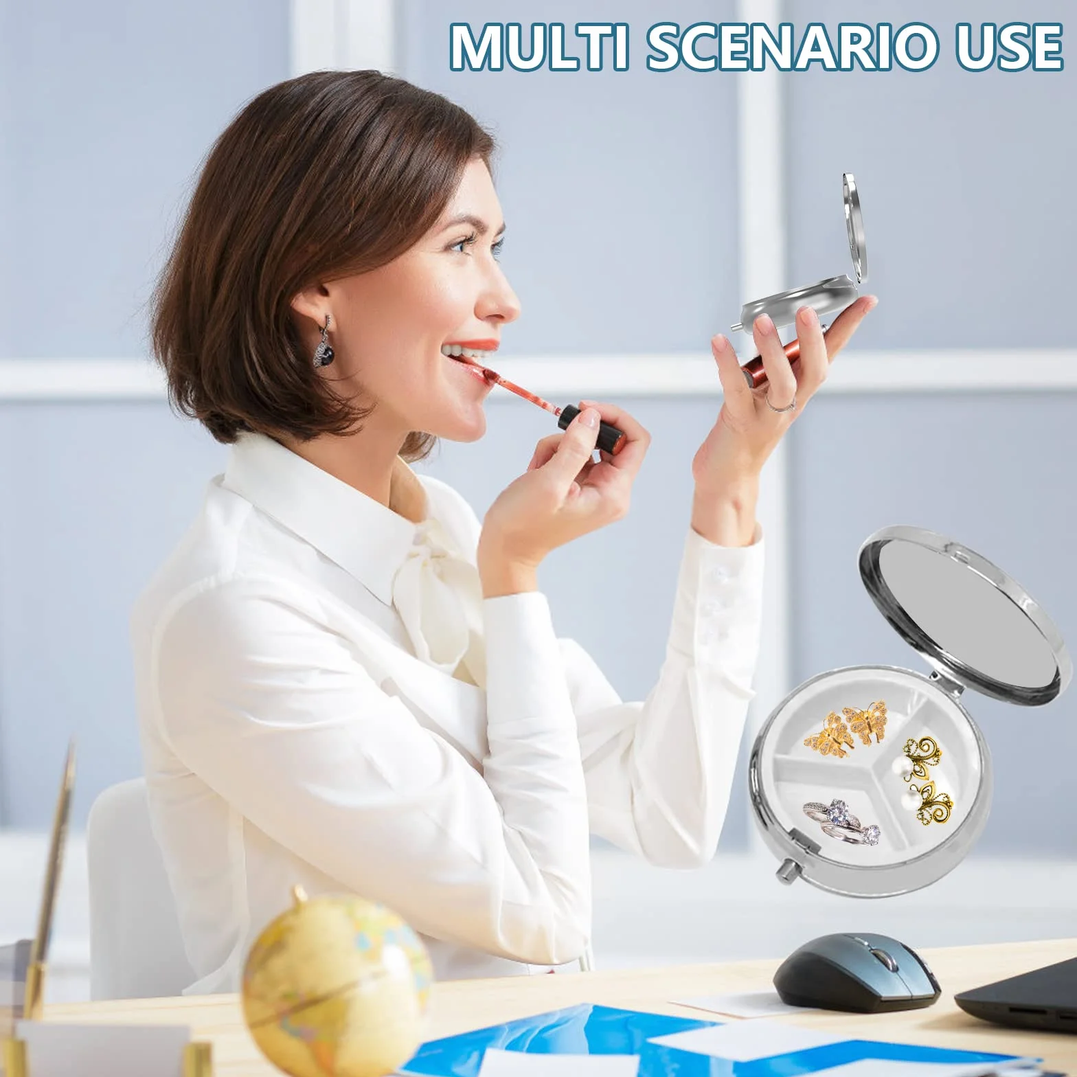 Pastillero metálico decorativo de 3 compartimentos portátil para bolsillo o bolso organizador de vitaminas