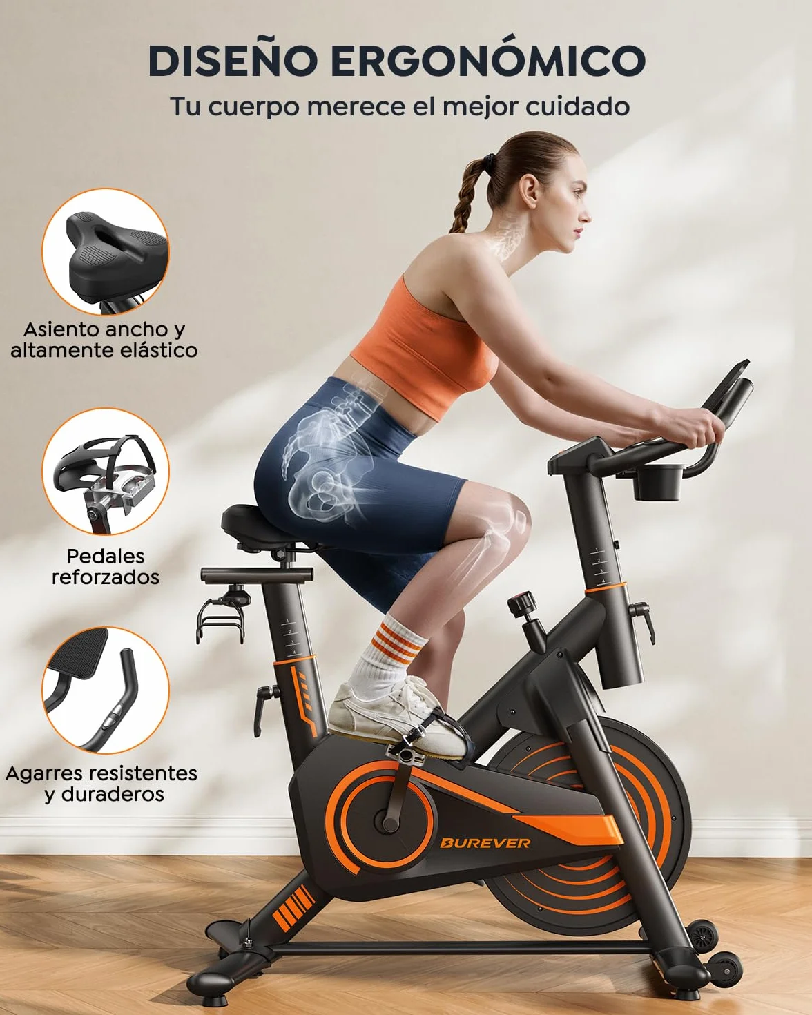 2026 Burever Bicicleta Estática para Casa con APP, Bicicleta estatica Silenciosa con Resistencia Magnética 0-100%, Pantalla LCD, Soporte para Mancuernas y Portavasos, Volante 15 KG, MAX 160KG