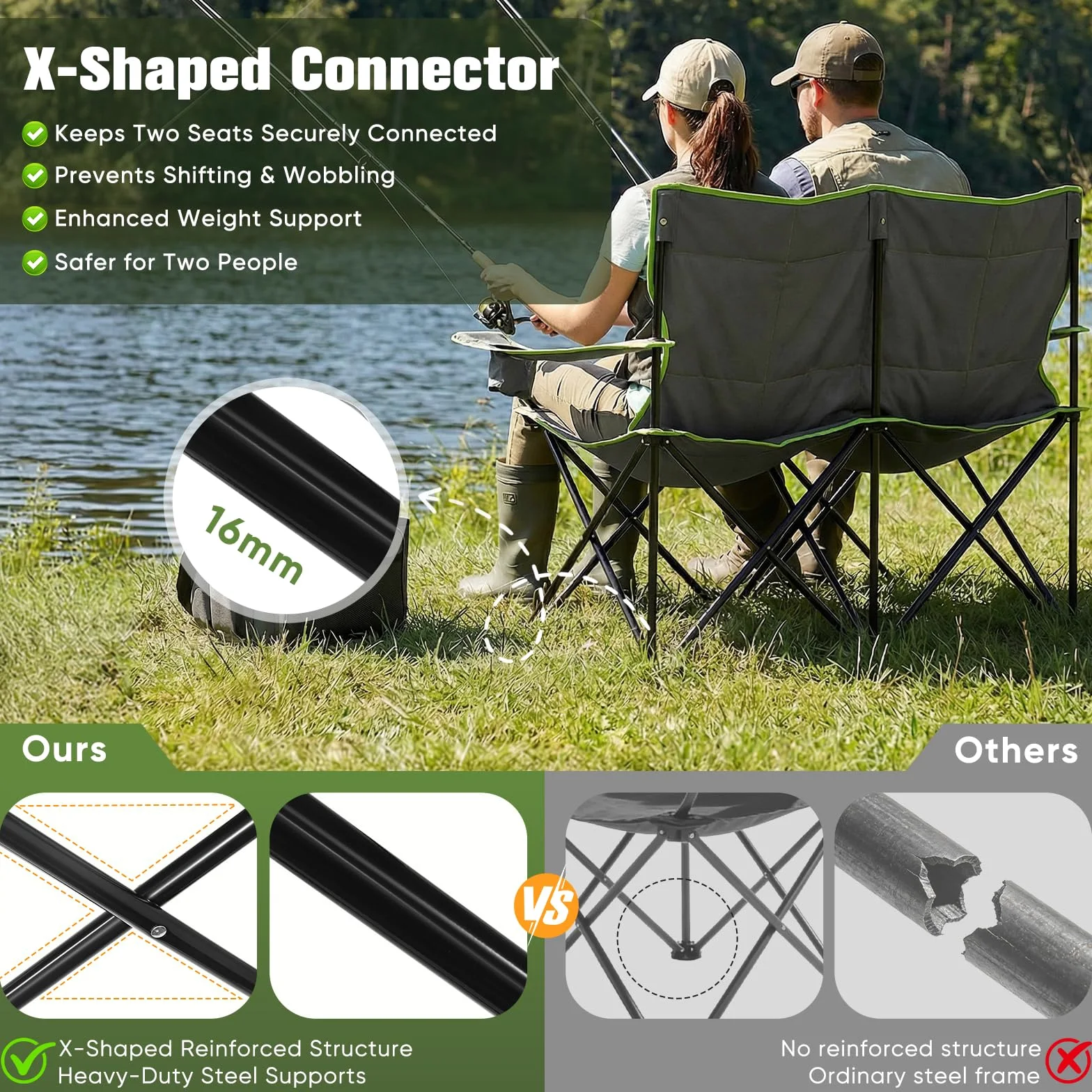 Silla de camping doble Rhyvorax para 2 adultos, sillas de camping plegables de alta resistencia con portavasos, silla de playa portátil para exteriores, jardín, picnic, pesca – Soporta 300kg (Verde +