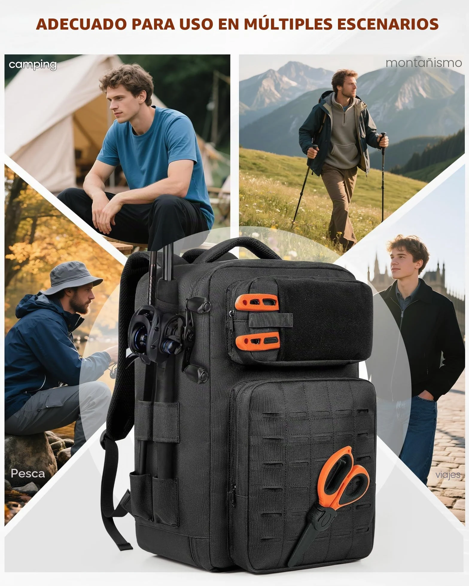 WEFLIER Mochilas de Pesca, Bolsos de Equipos de Con Accesorios de Pesca Con Palos de, Bolsos de Viaje Con Bolsas de Almacenamiento 48l, Caza de Campamento, Camping, Trekking, Negro