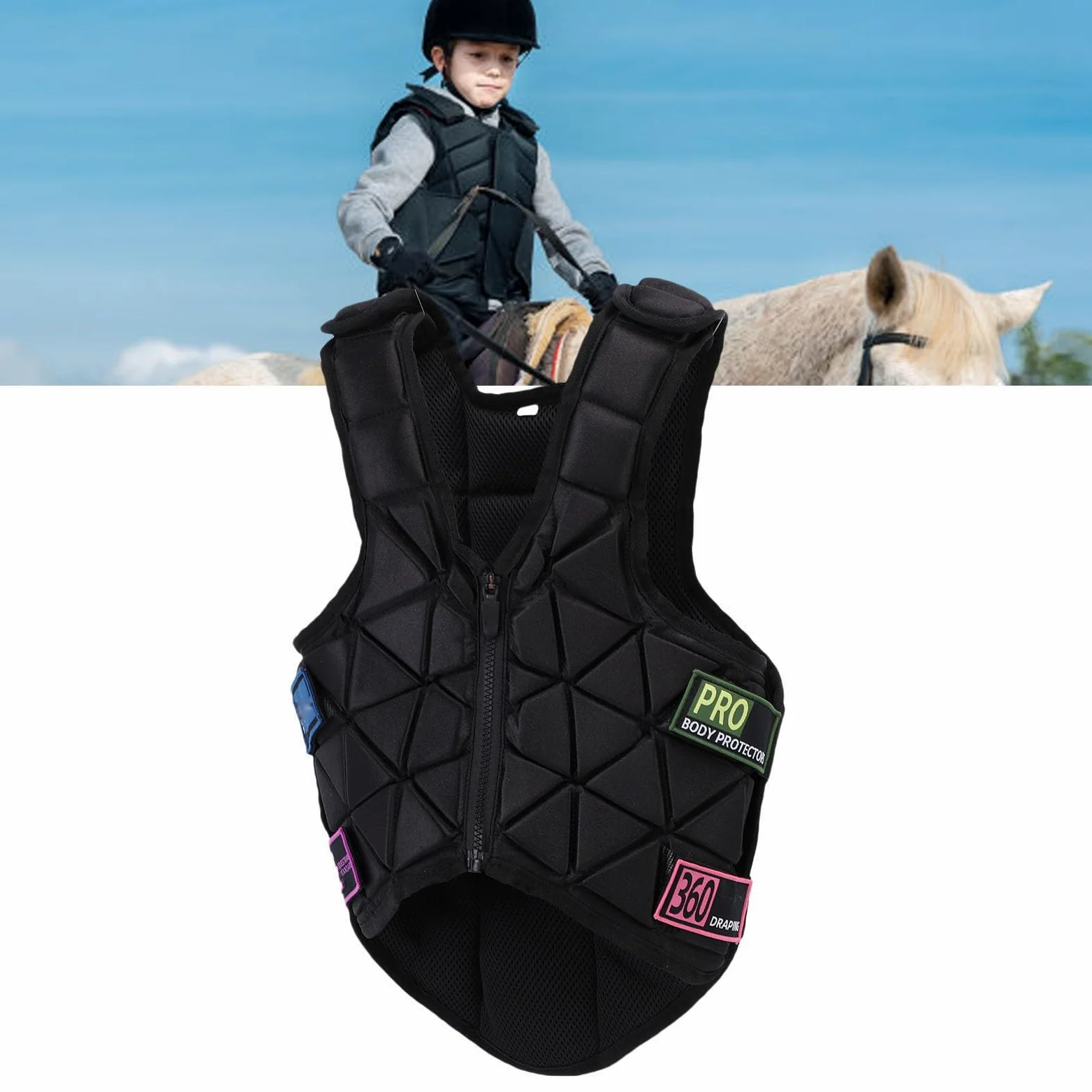 Cocoarm Chaleco para Montar a Caballo para Niños Chaleco Protector Ecuestre de Poliéster Cremallera Frontal Absorción de Golpes Forro Transpirable Ajuste Contorneado para Niños y Niñas Entrenamiento