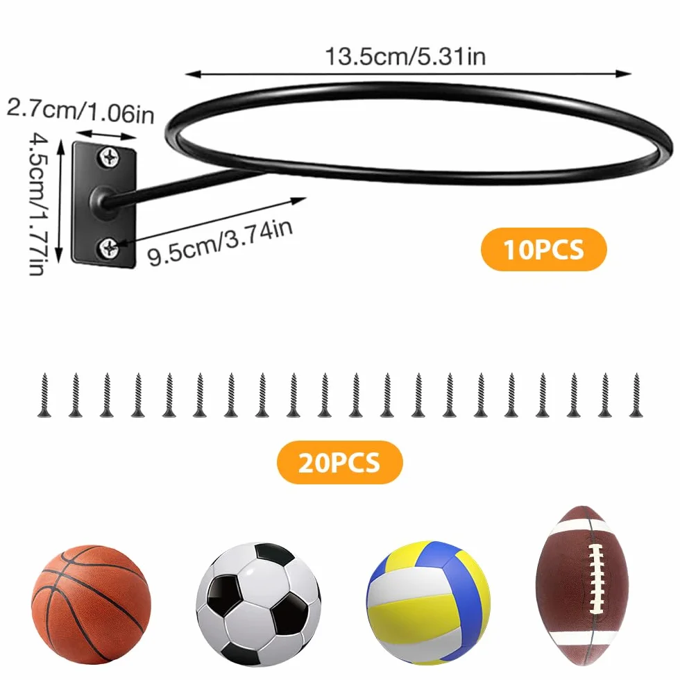 mizikuu Soporte de Pared para Balones de Exhibición, 10 Piezas Metal Soporte de Exhibición de Pelota y 20 Tornillos Universal Soporte de Pelota para Baloncesto, Fútbol, Rugby, Voleibol, Pantalla