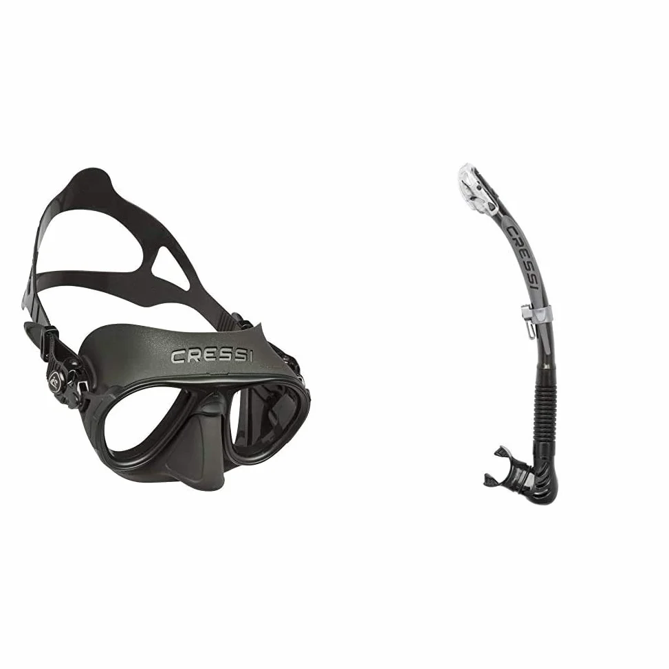 Cressi Calibro Máscara polyvalent para Buceo, apnea Avanzada y submarina Fishing, Unisex Adulto, Negro, Talla única + Epsilon SPE Alpha Ultra Dry Snorkel de Silicona Unisex, Negro/Negro, Talla única